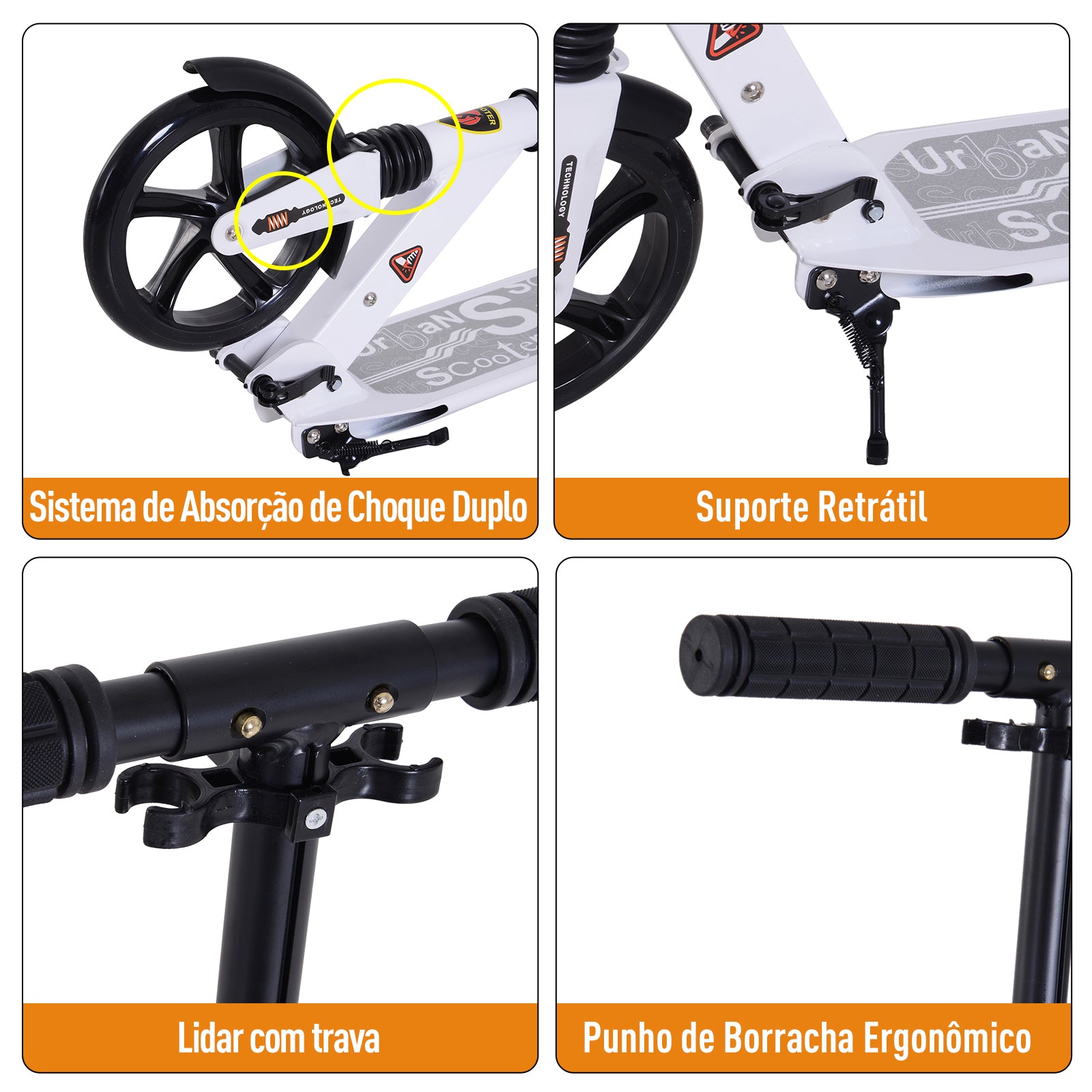 Trotinete Dobrável com Altura Ajustável e Rodas Grandes - Branco 94x38x90-105cm