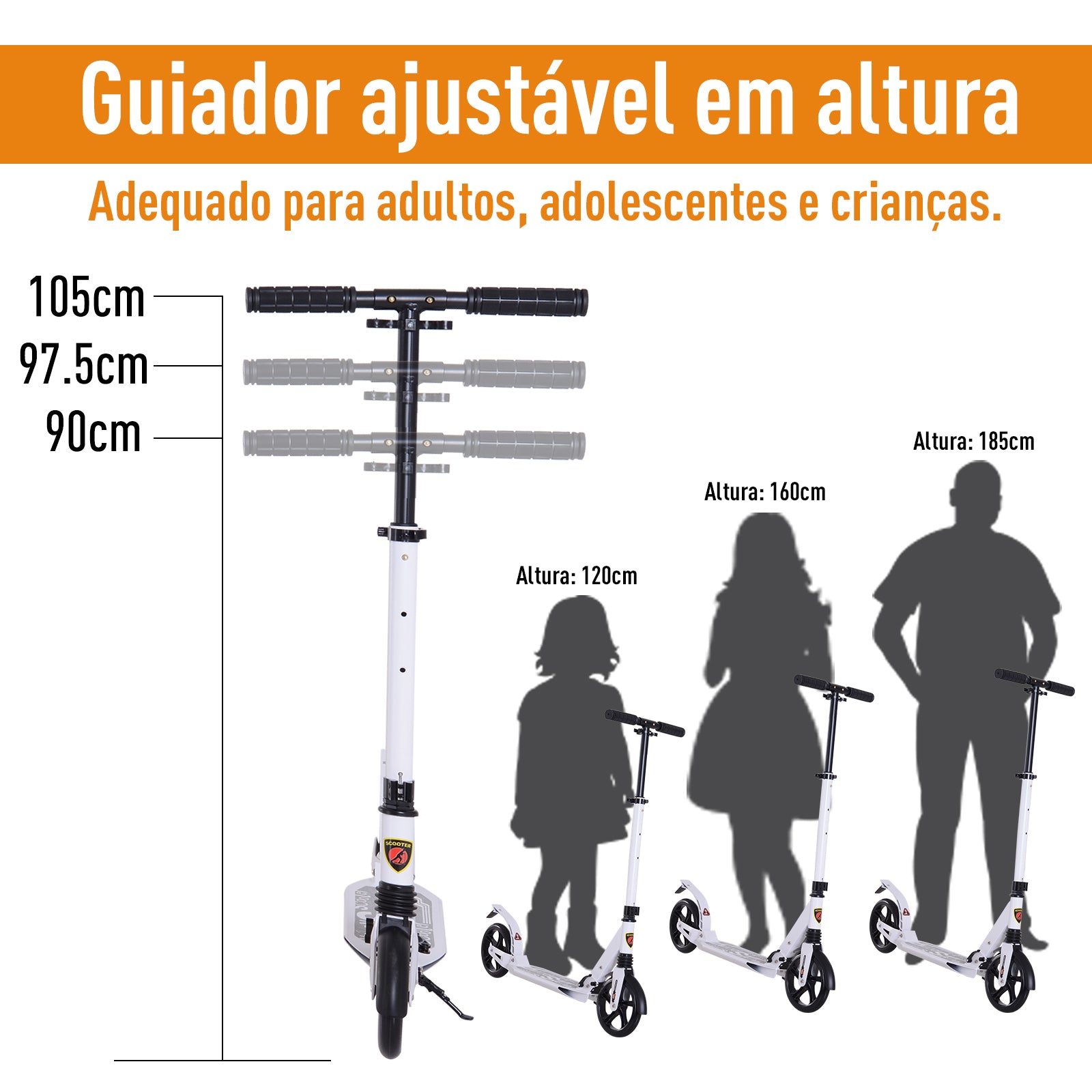 Trotinete Dobrável com Altura Ajustável e Rodas Grandes - Branco 94x38x90-105cm