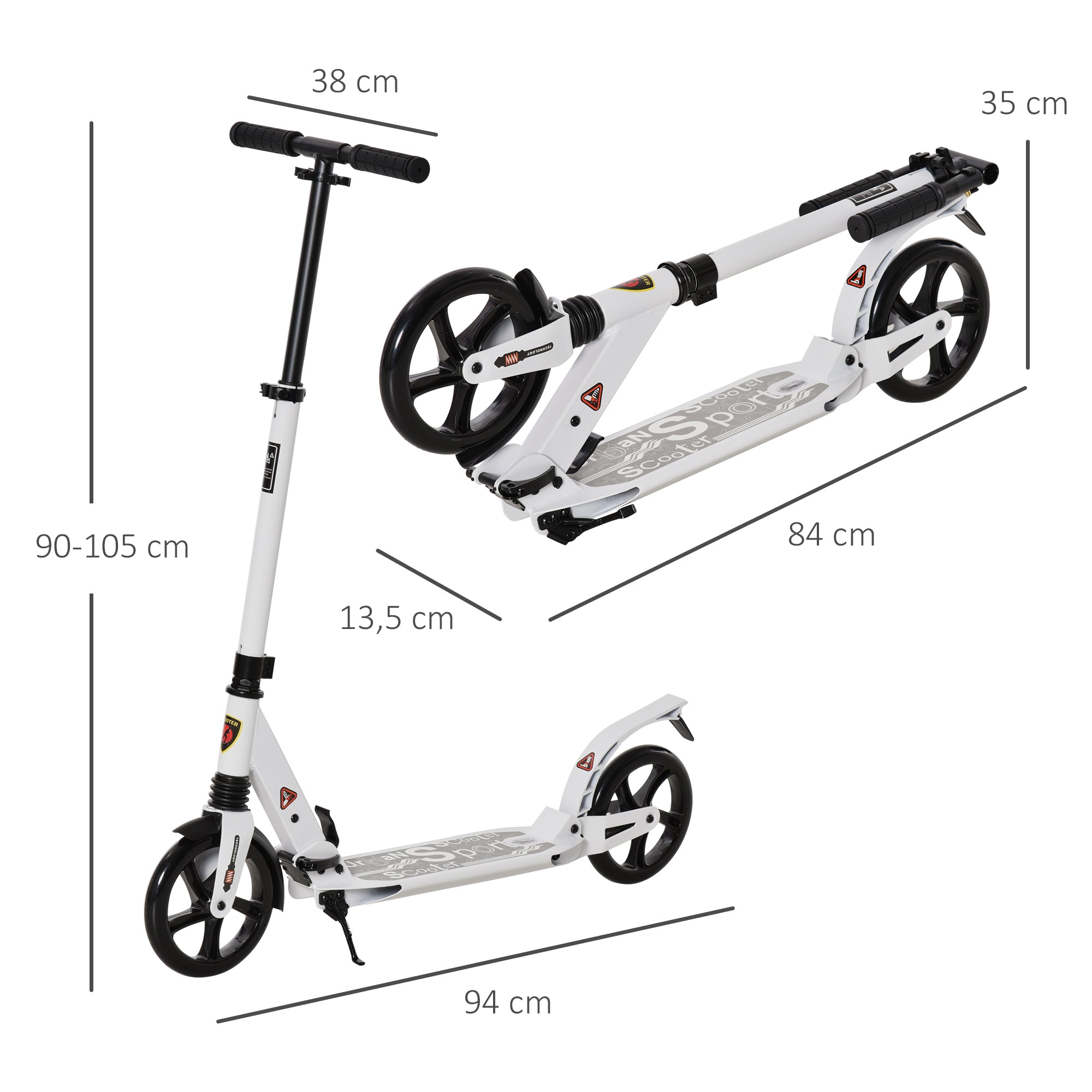 Trotinete Dobrável com Altura Ajustável e Rodas Grandes - Branco 94x38x90-105cm