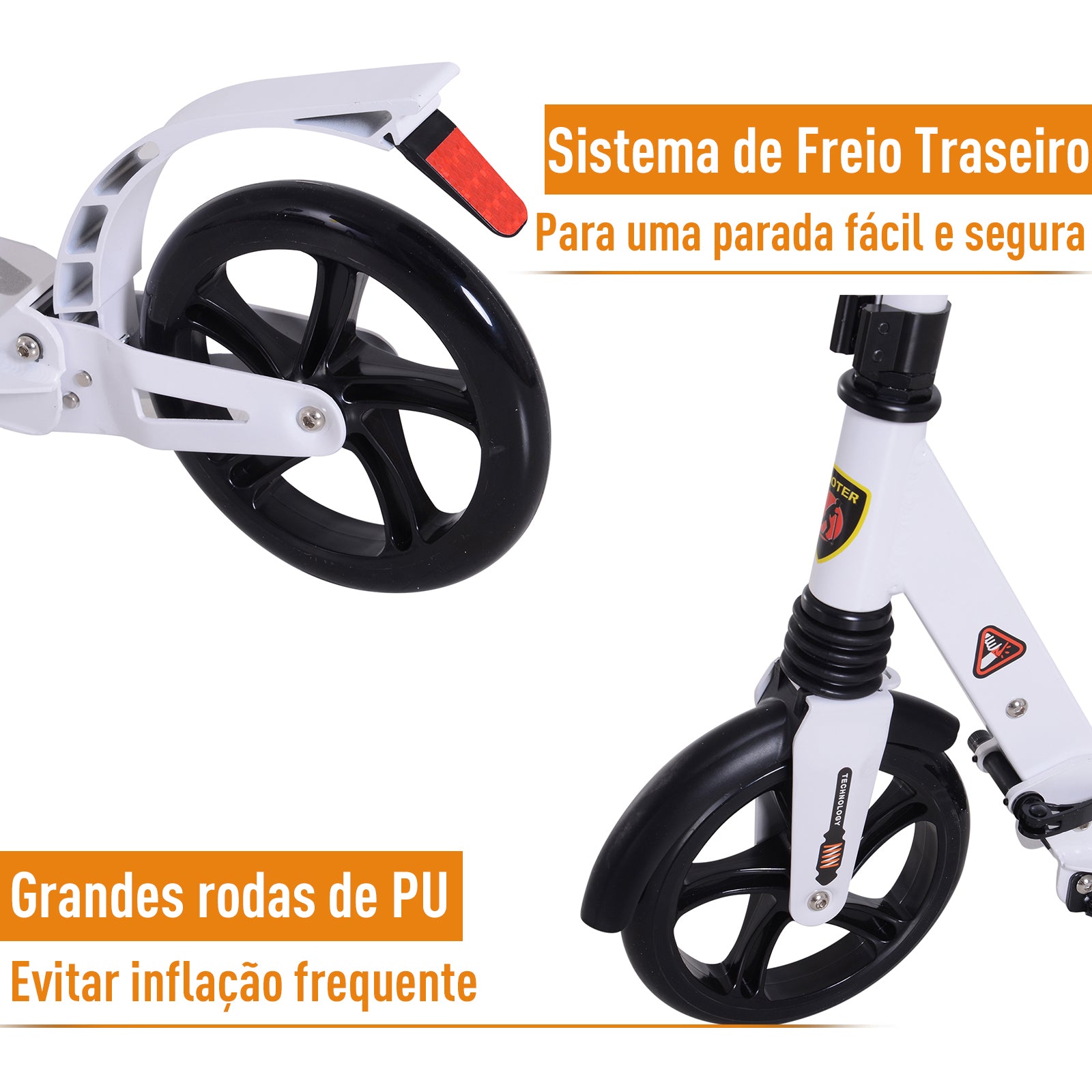 Trotinete Dobrável com Altura Ajustável e Rodas Grandes - Branco 94x38x90-105cm