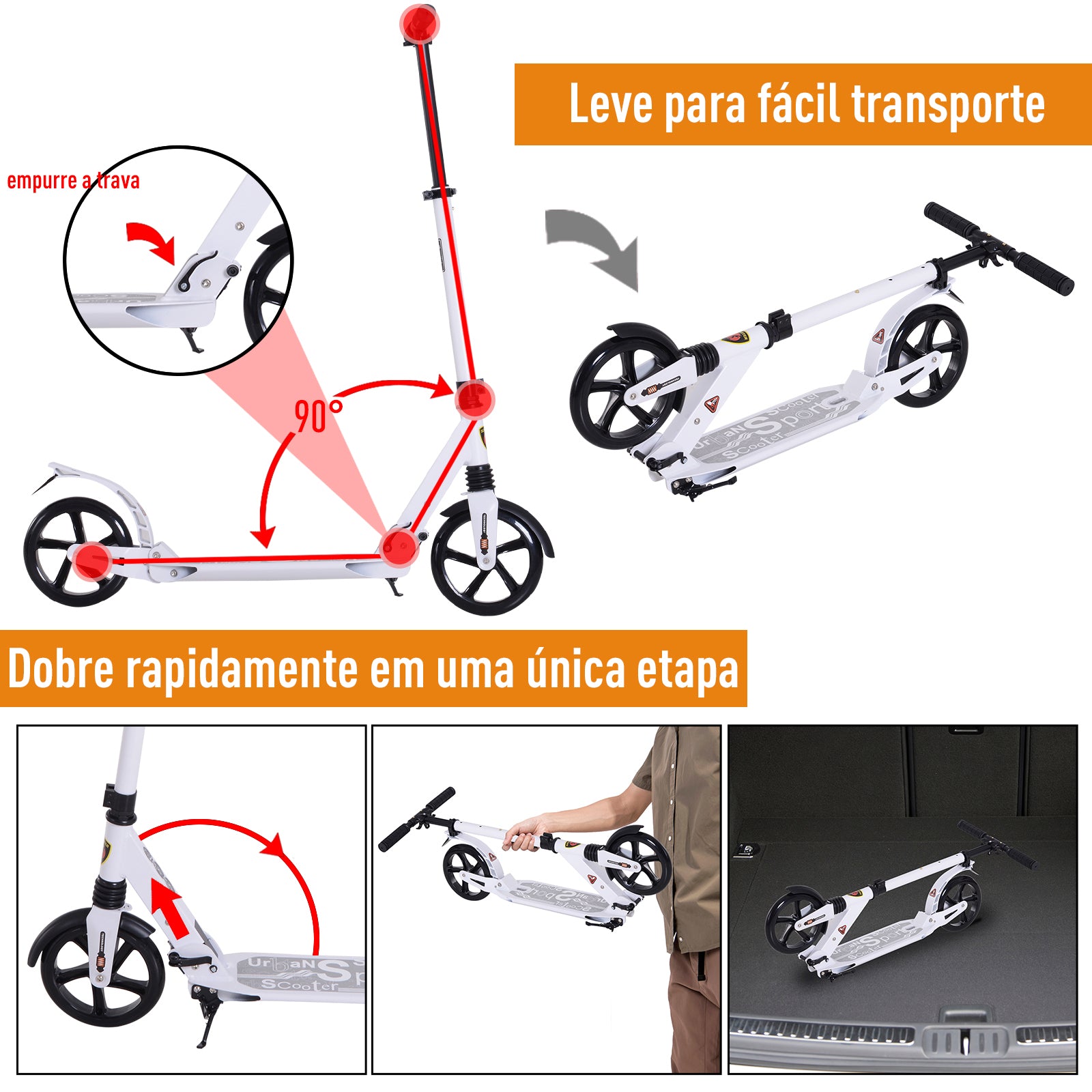 Trotinete Dobrável com Altura Ajustável e Rodas Grandes - Branco 94x38x90-105cm