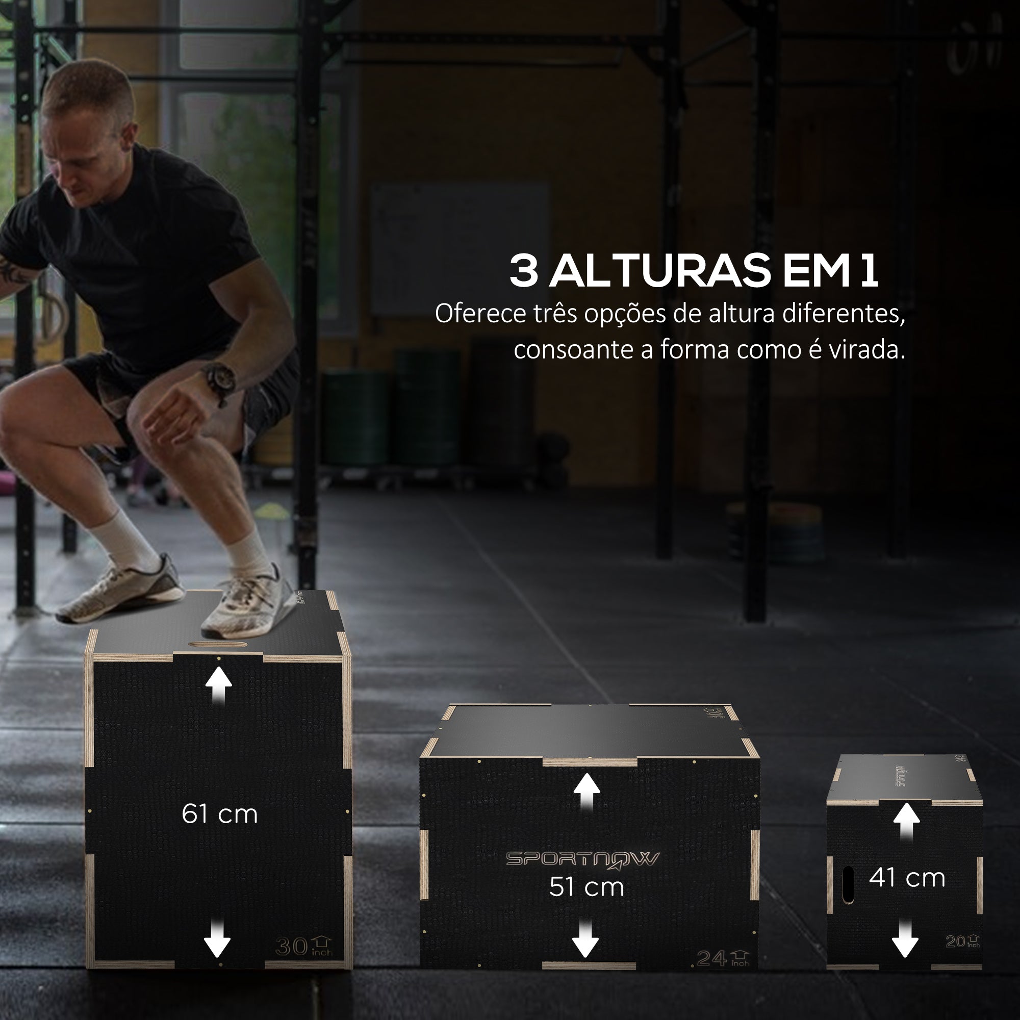 Caixa Pliométrica com 3 Alturas - 61x51x41 cm - Cor Preto