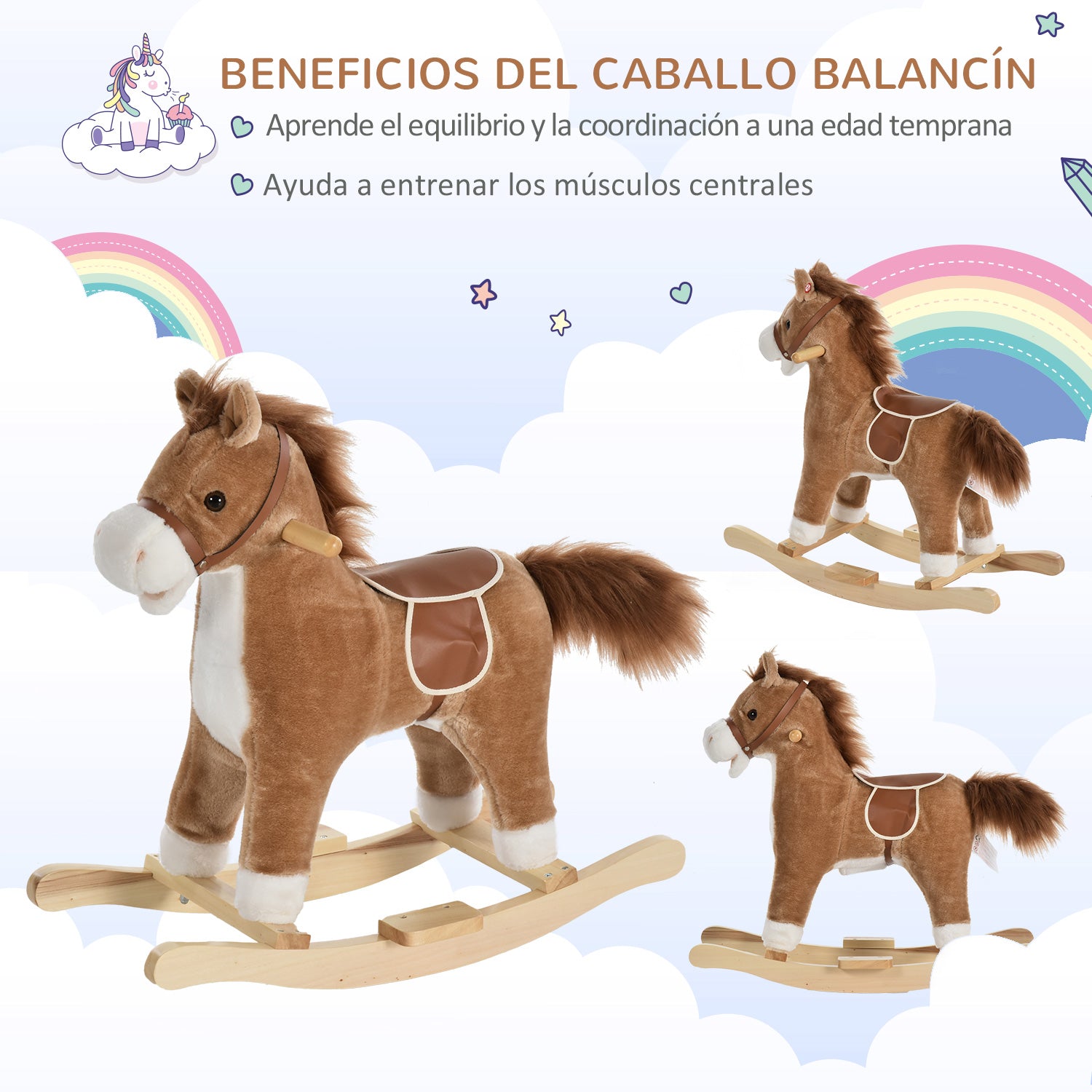 Cavalo Baloiço de Pelúcia Suave Marrom 65x32,5x61 cm para Crianças