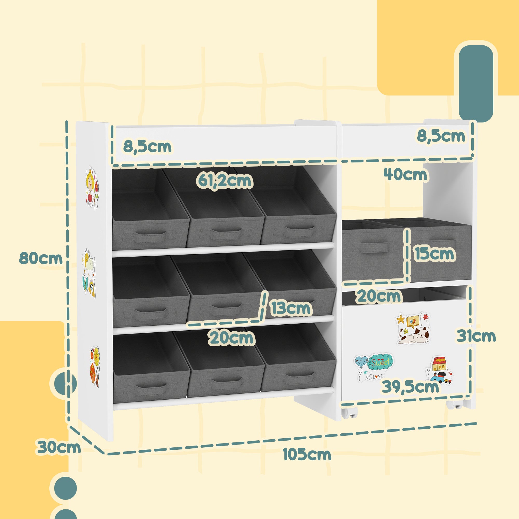Organizador de Brinquedos Infantil 105x30x80 cm Branco e Cinza