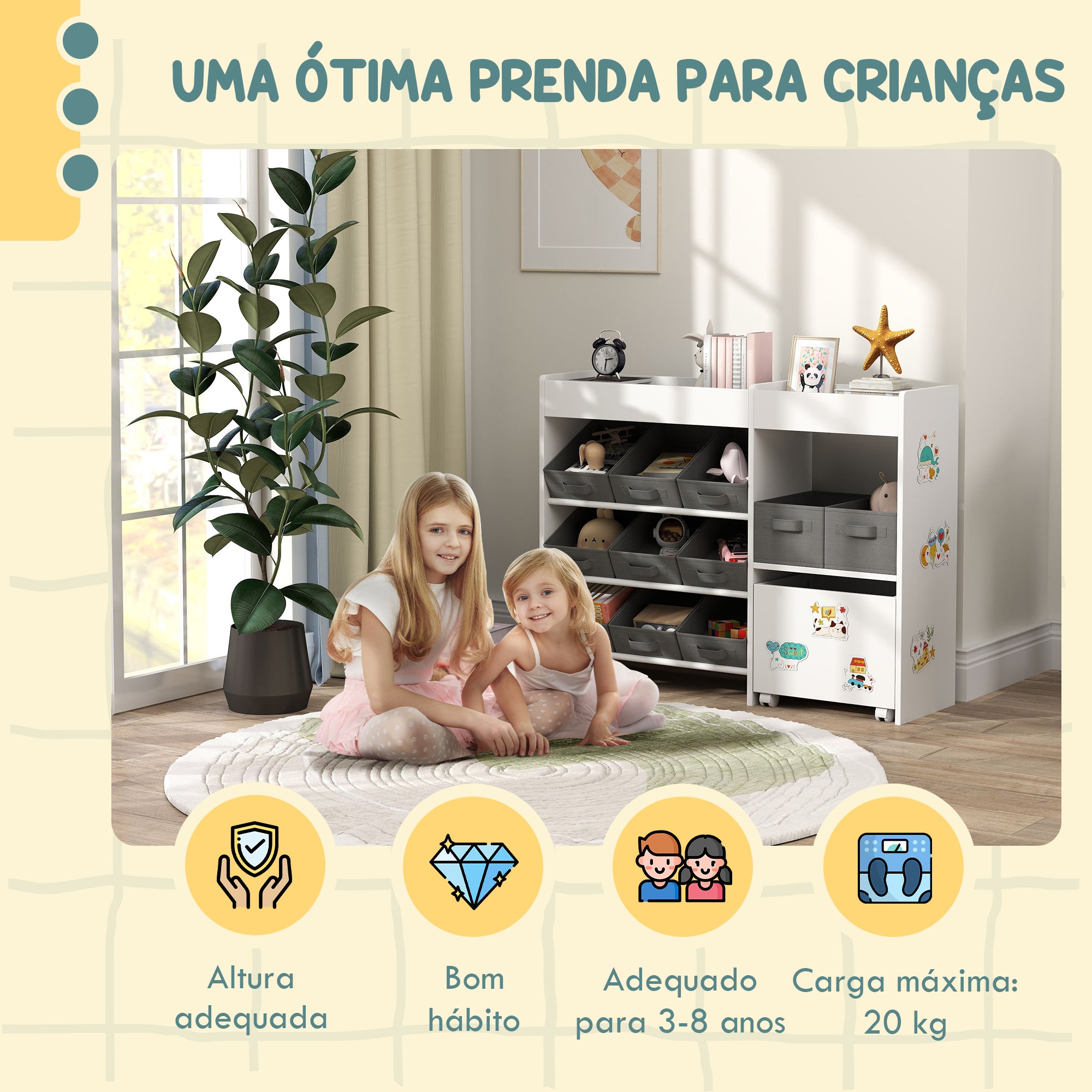 Organizador de Brinquedos Infantil 105x30x80 cm Branco e Cinza