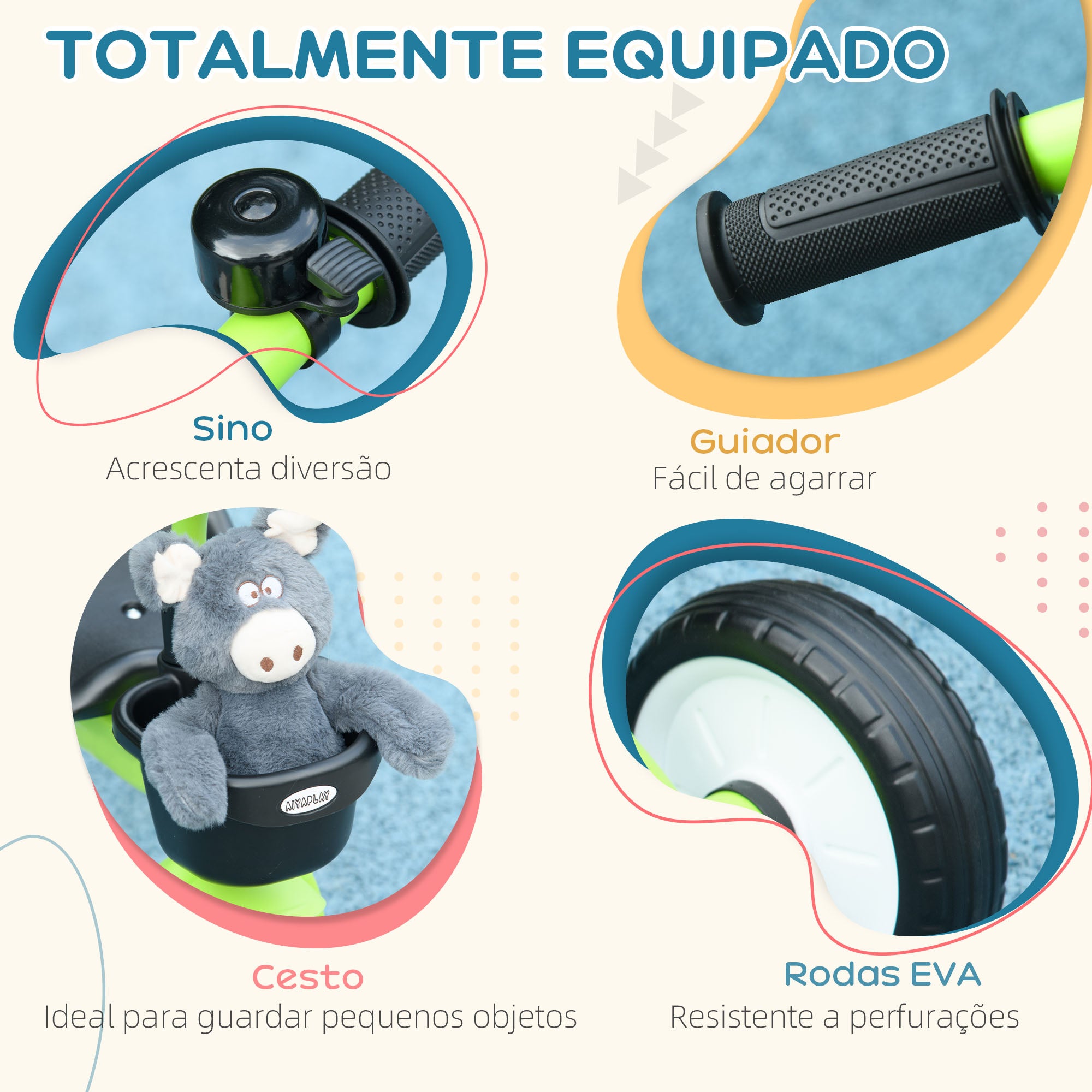 Triciclo Infantil Verde 70,5x53x58 cm para Crianças de 2 a 5 anos