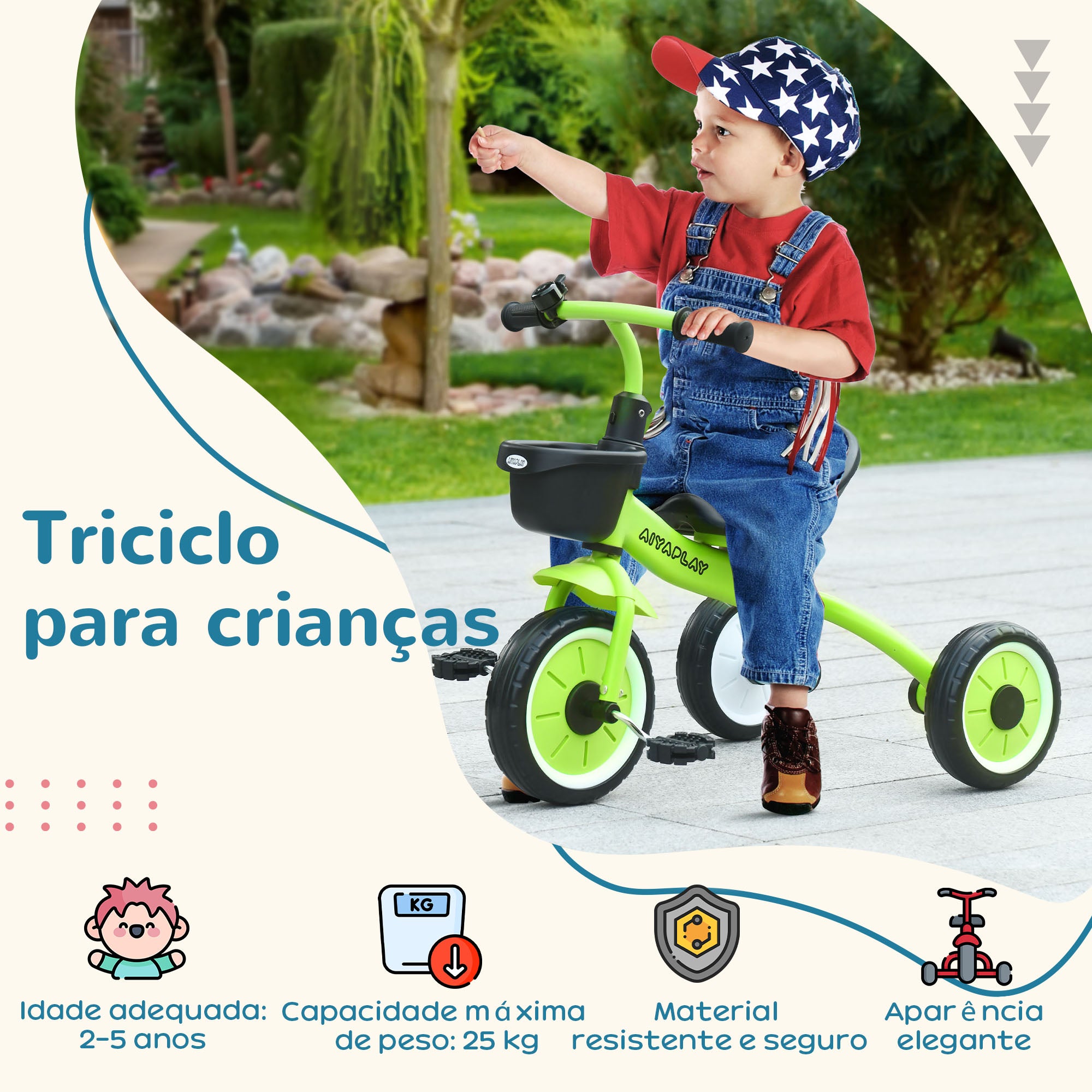 Triciclo Infantil Verde 70,5x53x58 cm para Crianças de 2 a 5 anos