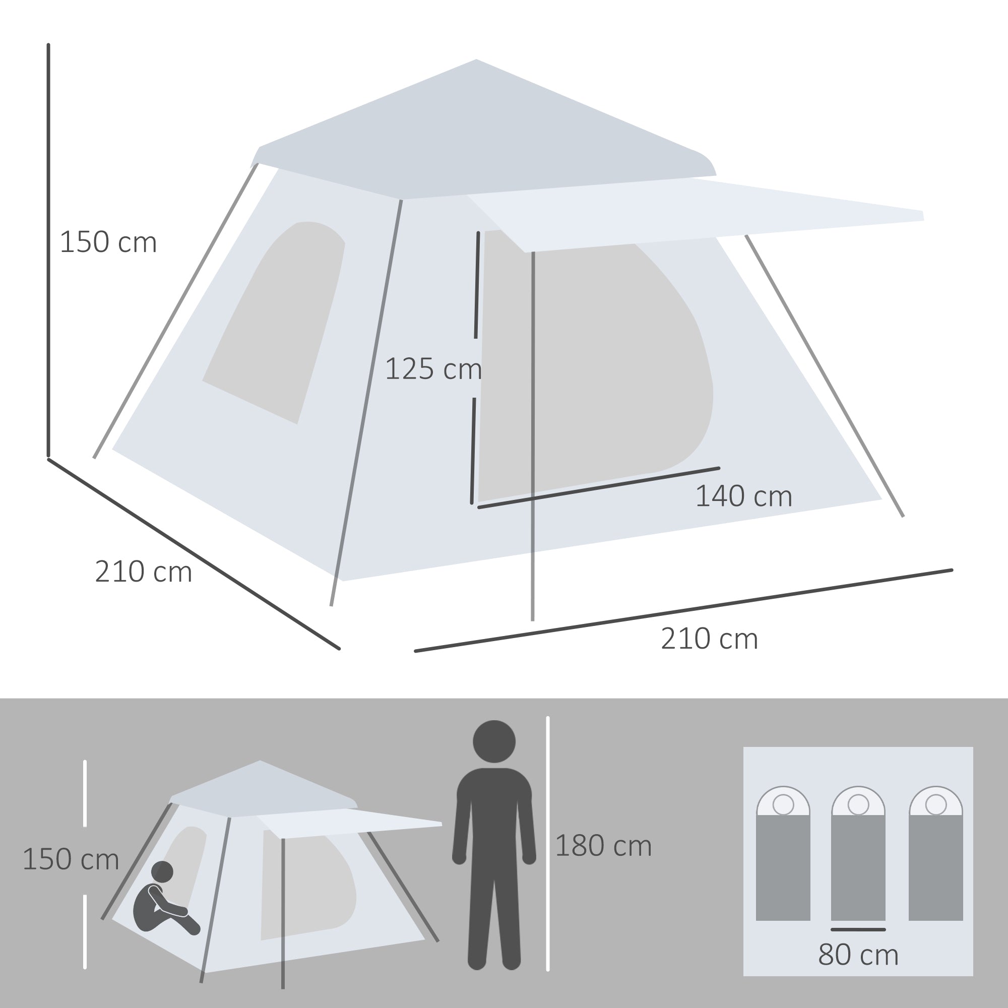 Tenda de Campismo para 2-3 Pessoas Prata 210x210x150 cm