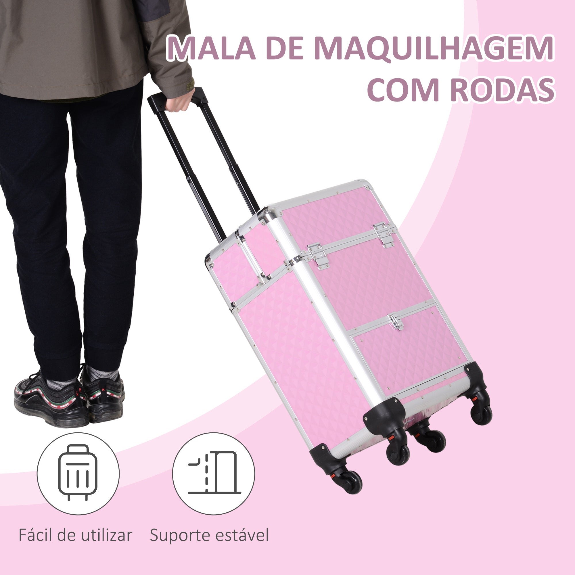 Mala de Maquilhagem Profissional – 34x25x62 cm – Rosa – Liga de alumínio, ABS e feltro
