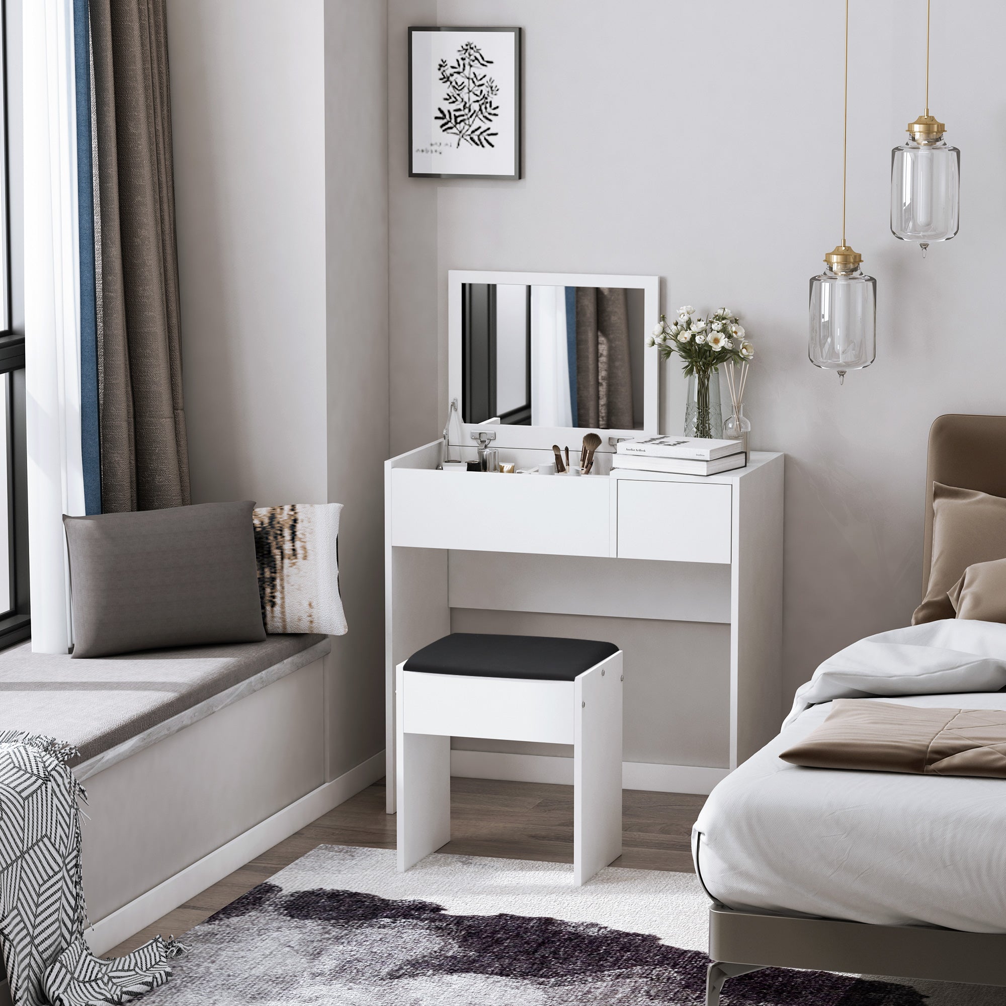 Toucador de Maquilhagem Branco com Tampa Dobrável 80x40x79cm