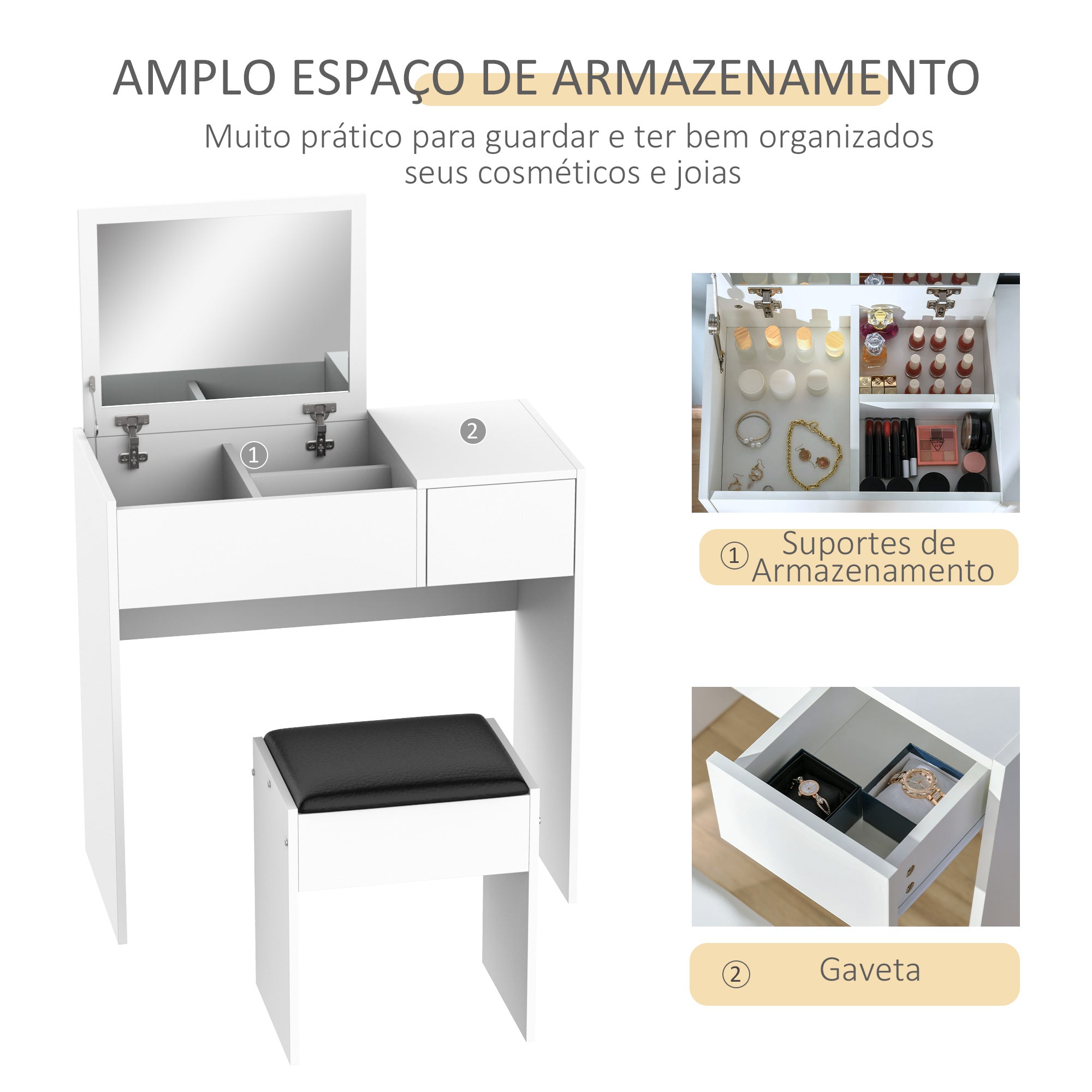 Toucador de Maquilhagem Branco com Tampa Dobrável 80x40x79cm