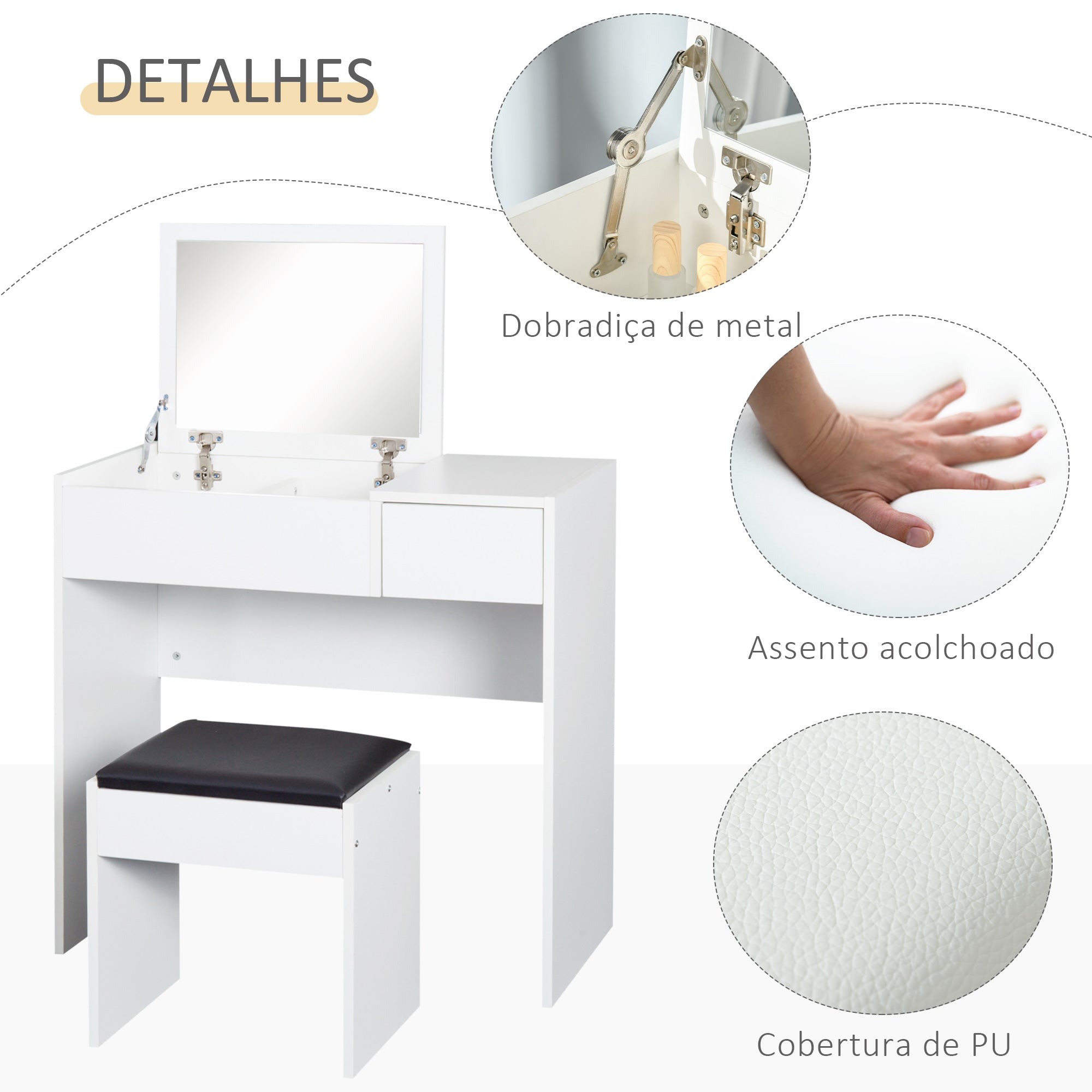 Toucador de Maquilhagem Branco com Tampa Dobrável 80x40x79cm