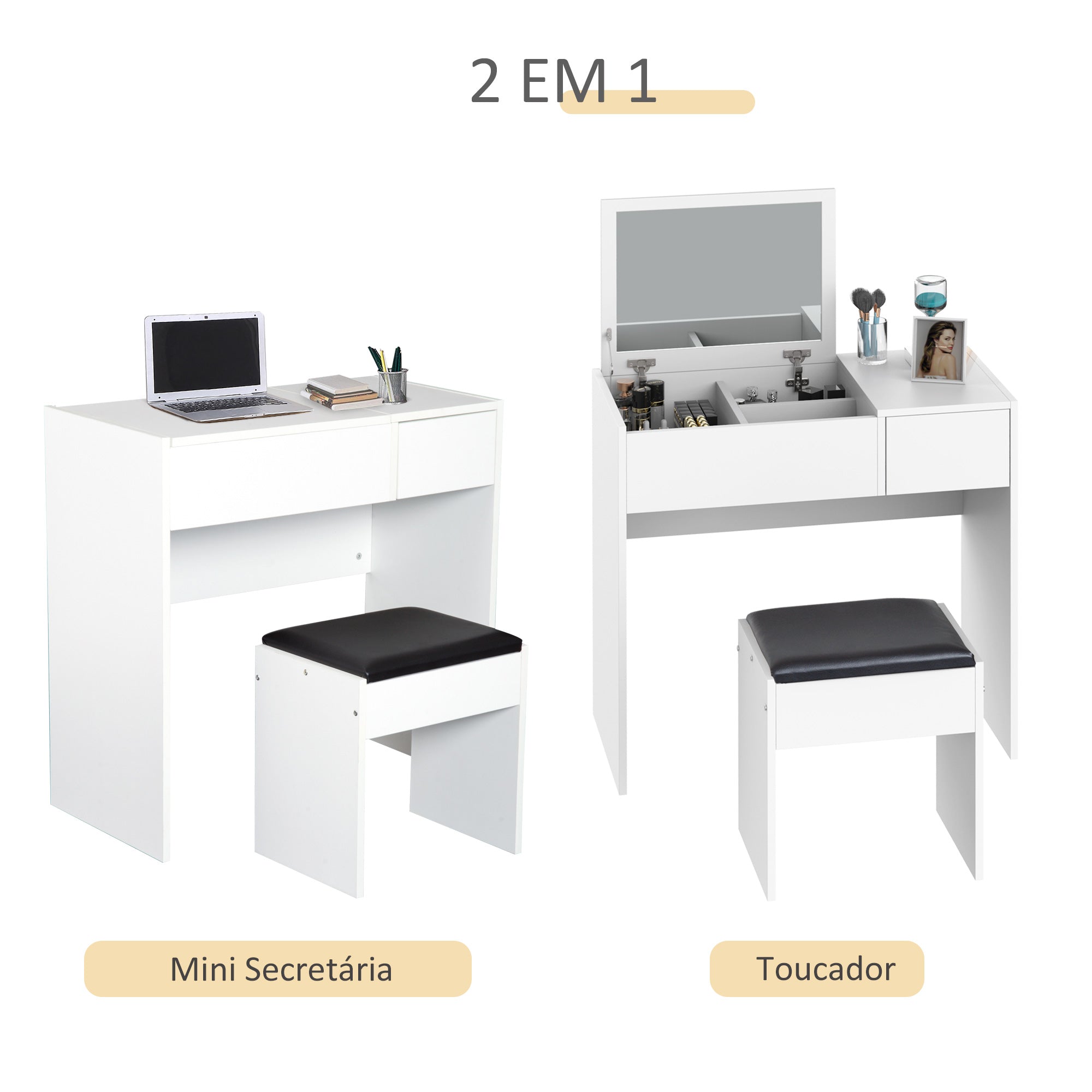 Toucador de Maquilhagem Branco com Tampa Dobrável 80x40x79cm