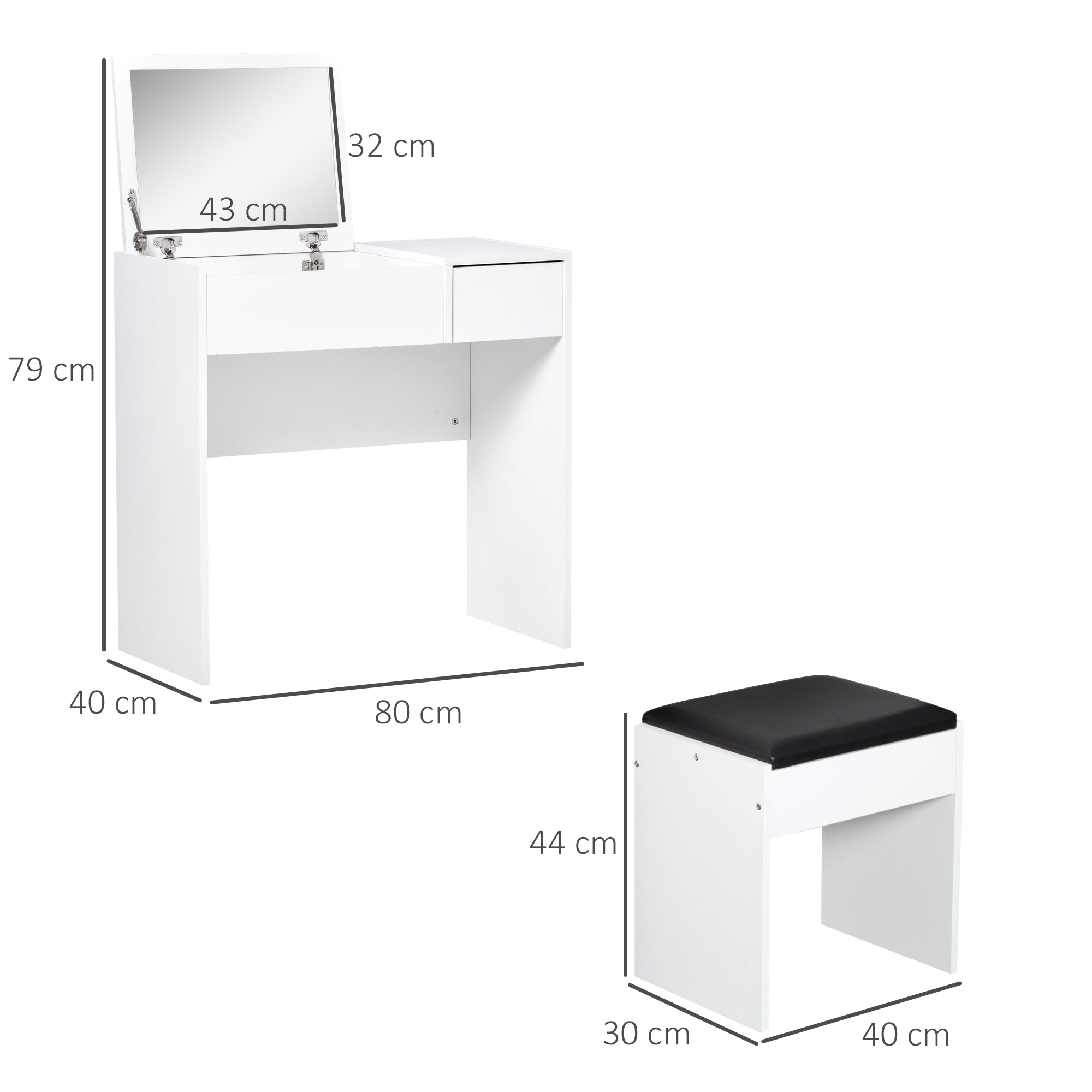 Toucador de Maquilhagem Branco com Tampa Dobrável 80x40x79cm