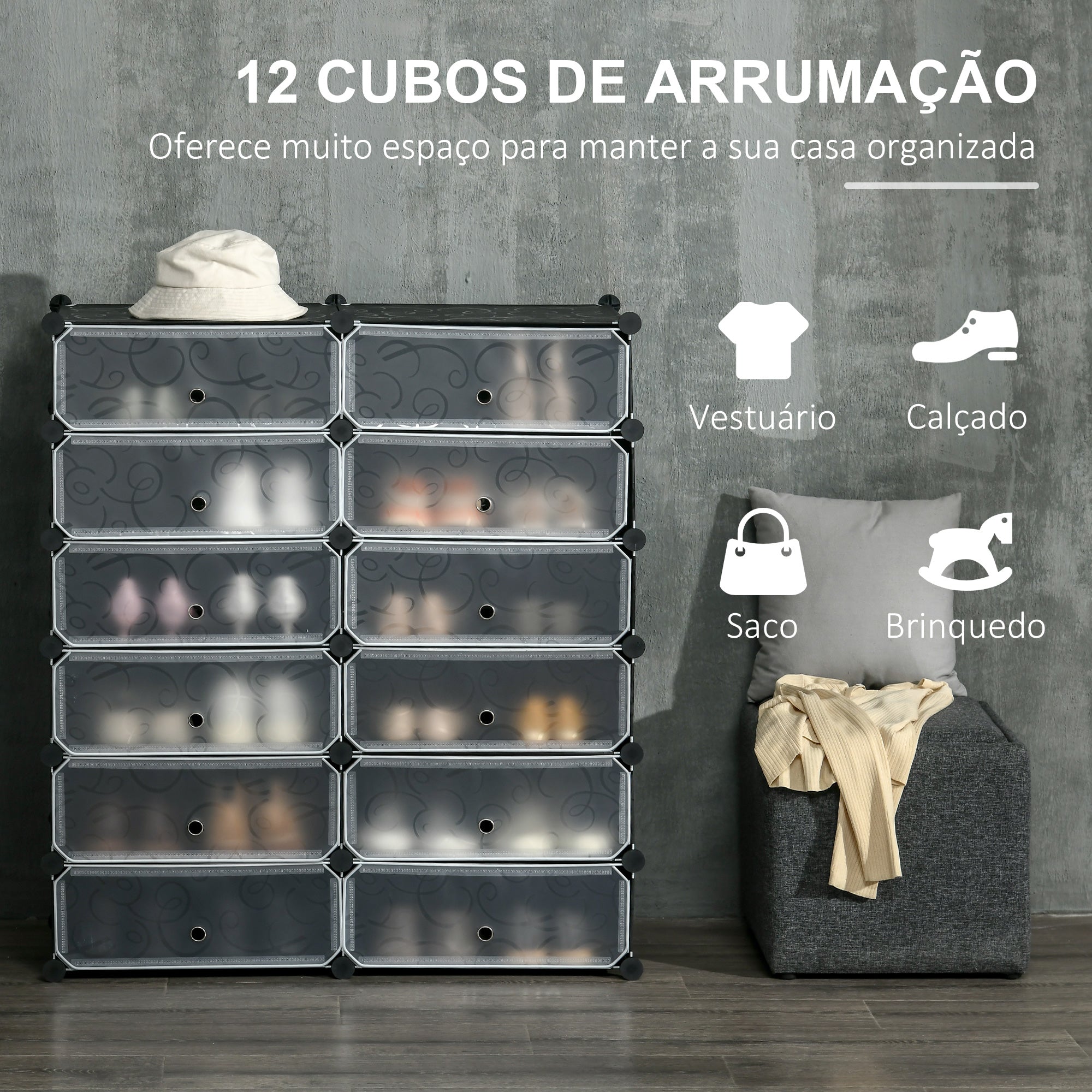 Sapateira Modular de Cubos de Plástico 94x37x108 cm - Preto e Branco