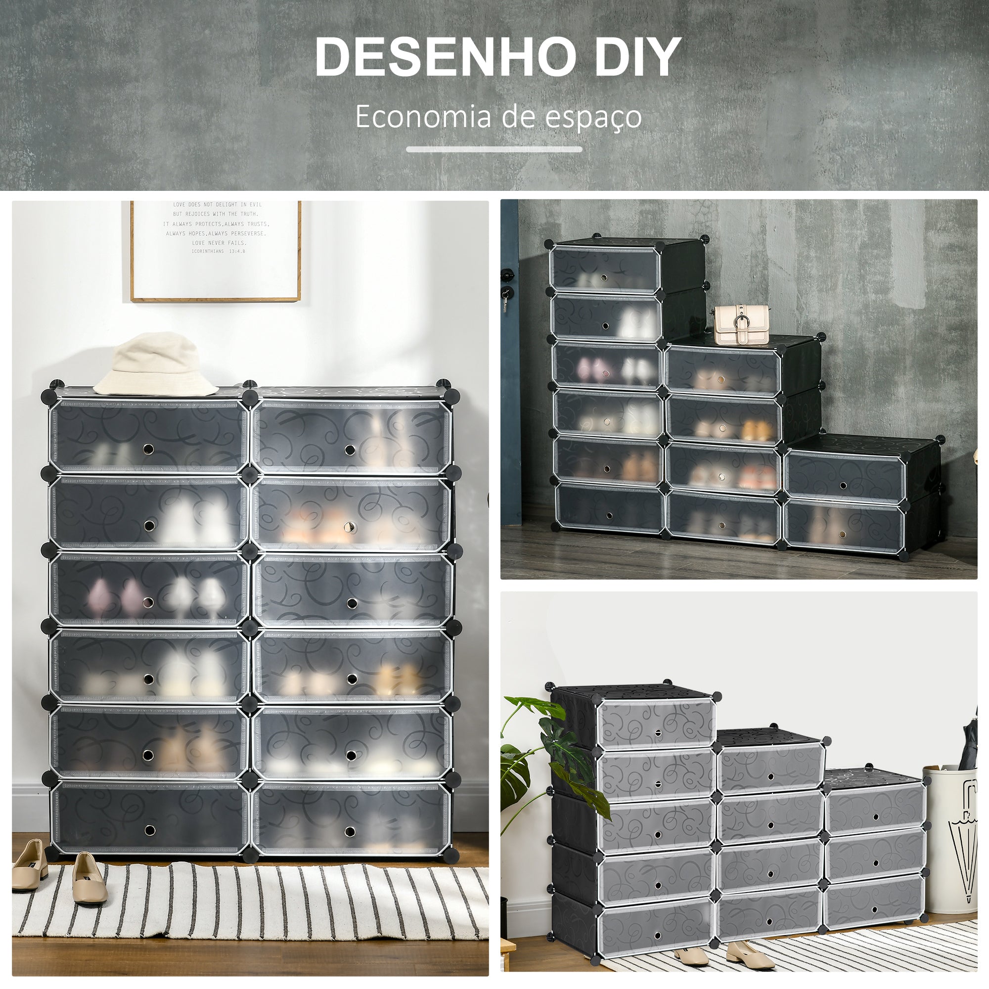 Sapateira Modular de Cubos de Plástico 94x37x108 cm - Preto e Branco
