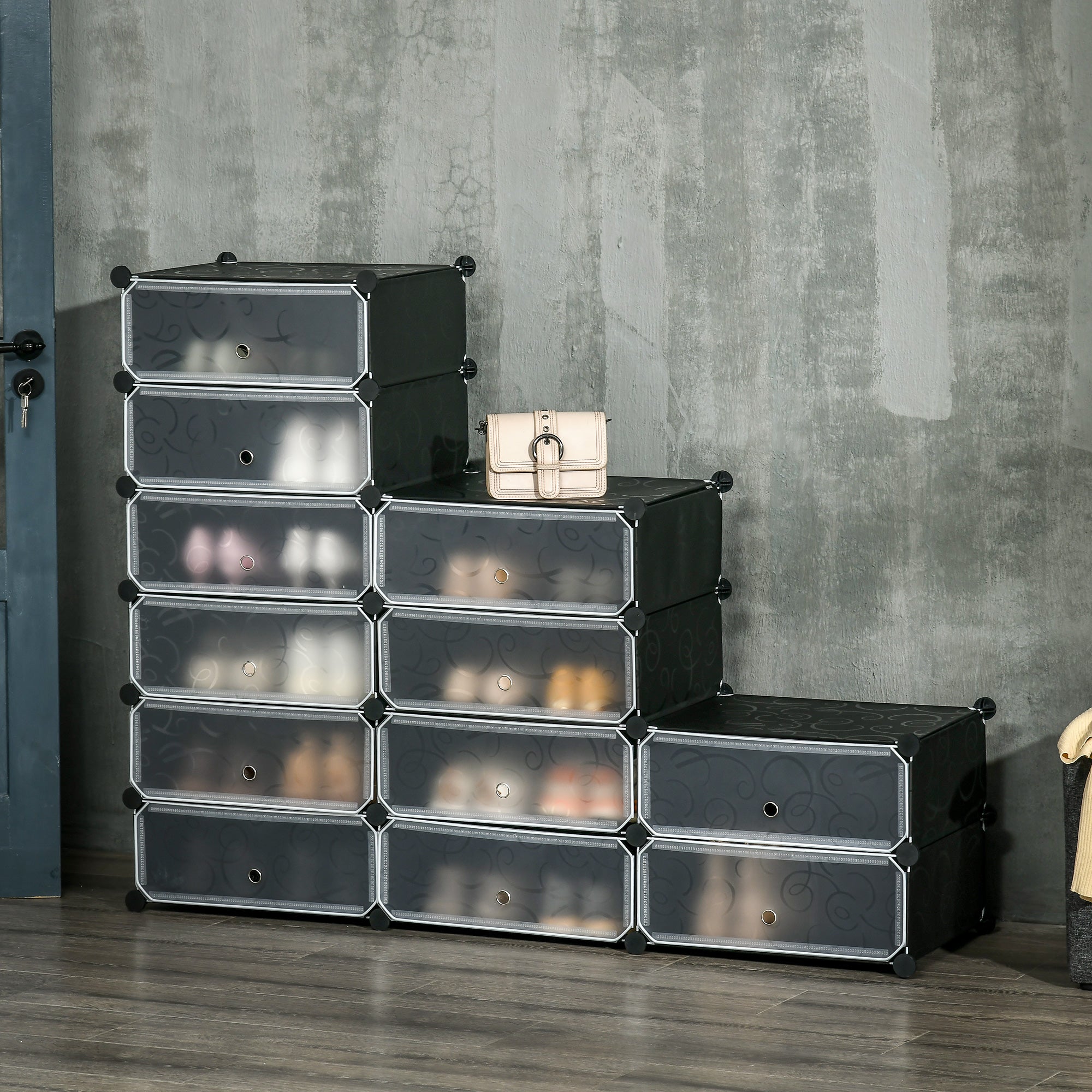 Sapateira Modular de Cubos de Plástico 94x37x108 cm - Preto e Branco