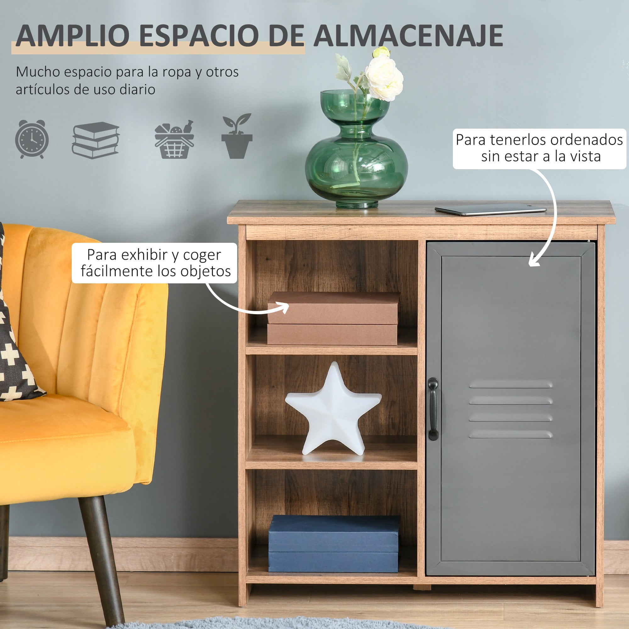 Aparador Móvel Auxiliar 80x35x82cm Madeira Natural e Cinza