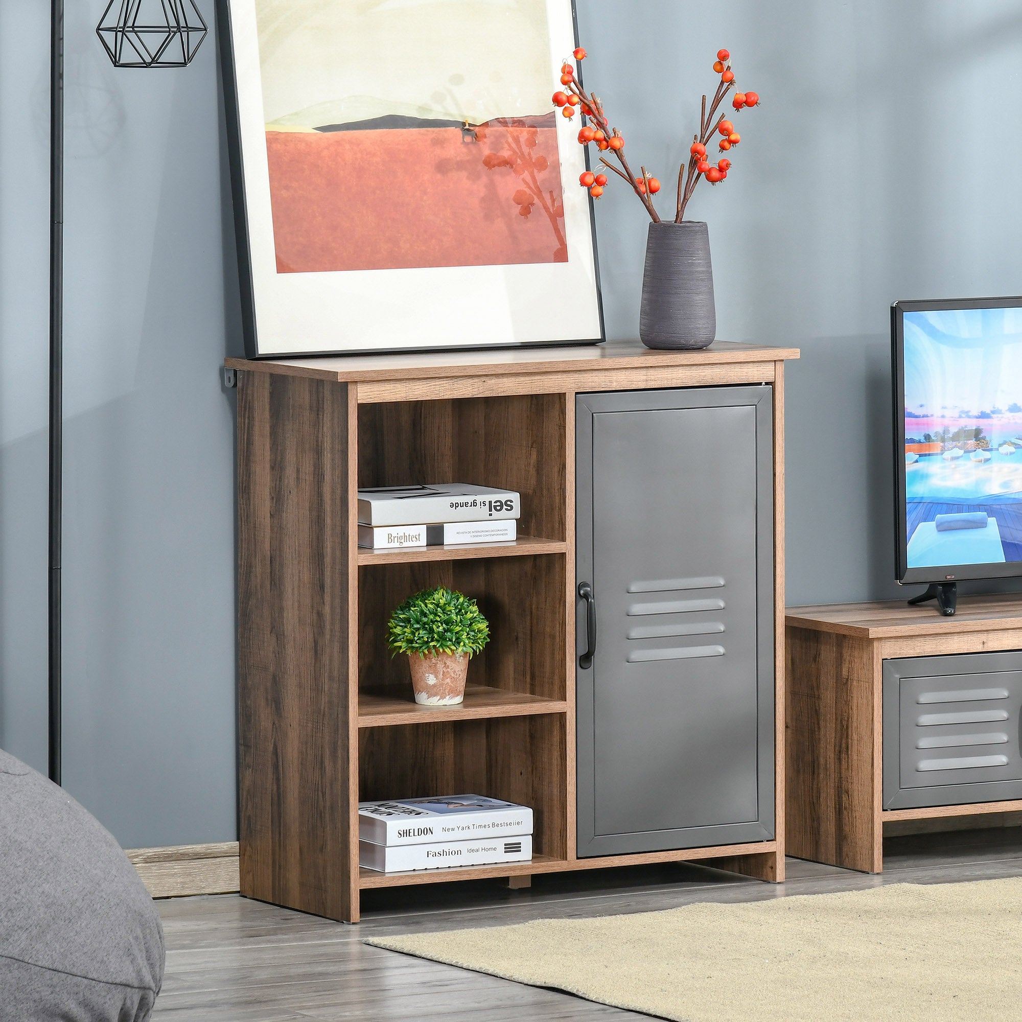 Aparador Móvel Auxiliar 80x35x82cm Madeira Natural e Cinza