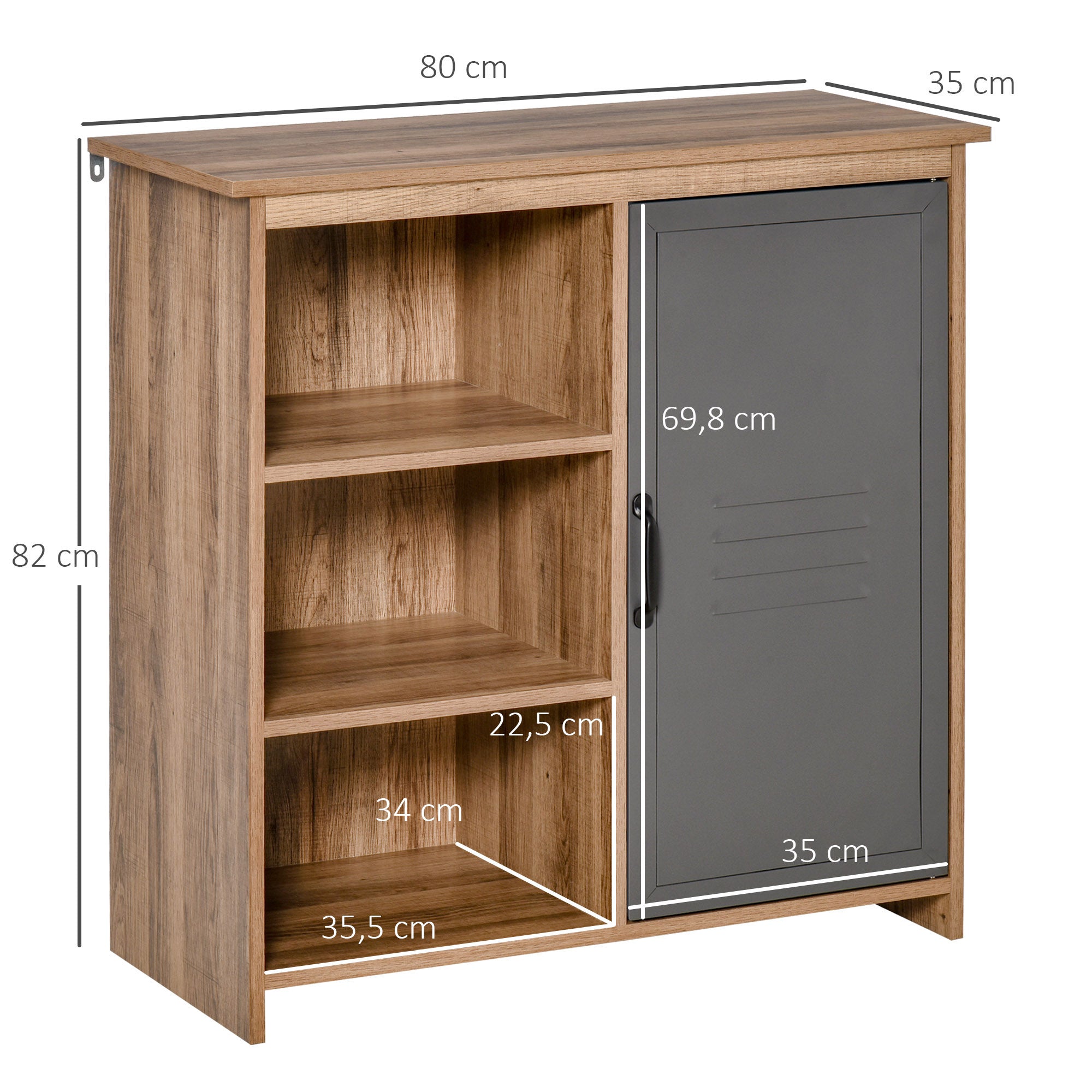 Aparador Móvel Auxiliar 80x35x82cm Madeira Natural e Cinza
