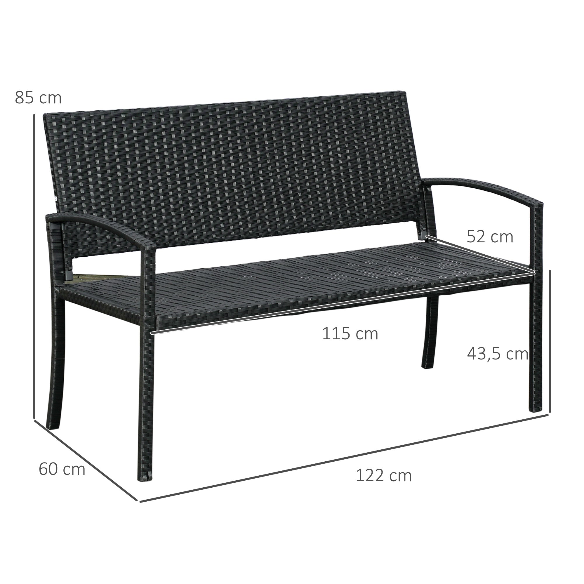 Banco de Jardim Rattan Sintético Preto 122x60x85 cm