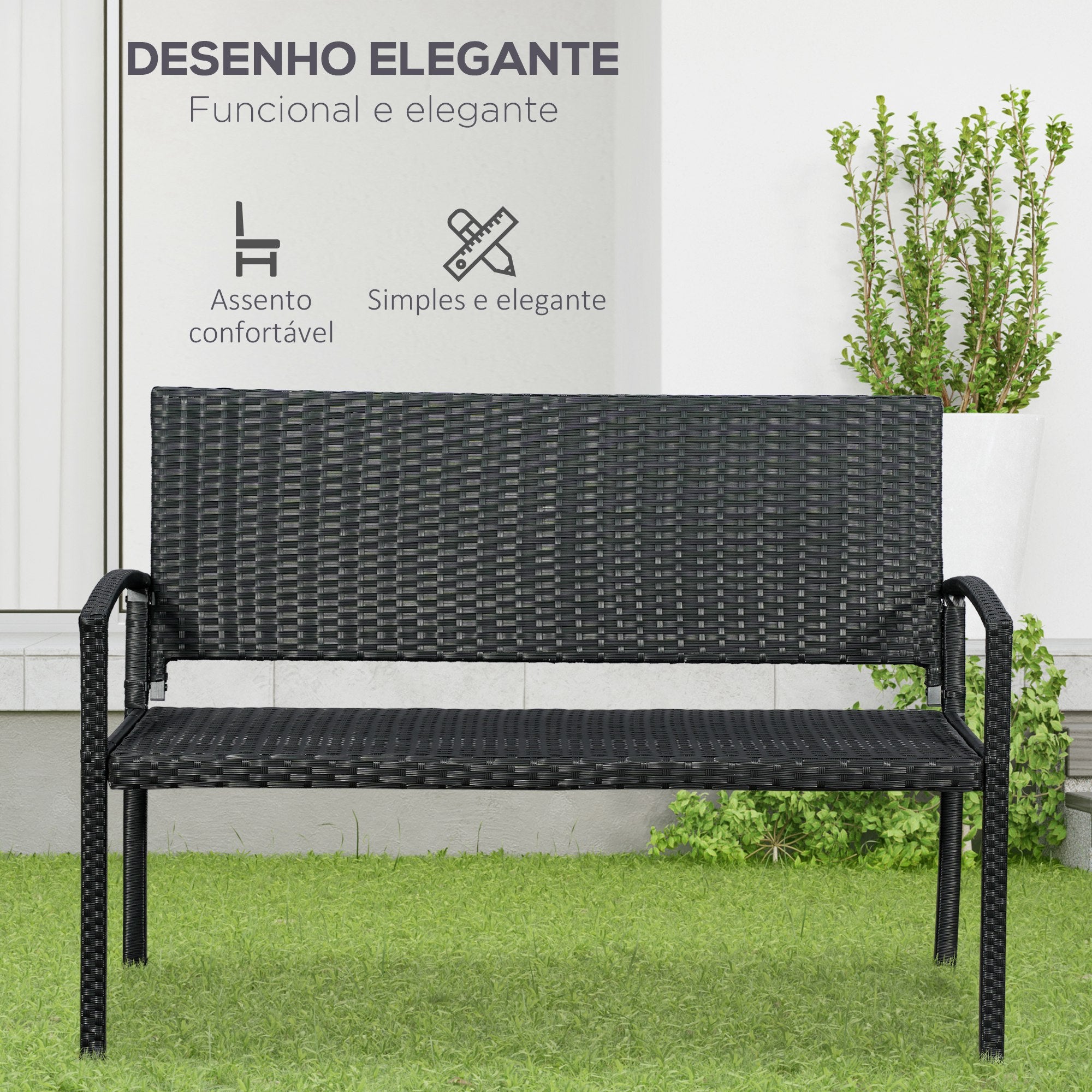 Banco de Jardim Rattan Sintético Preto 122x60x85 cm