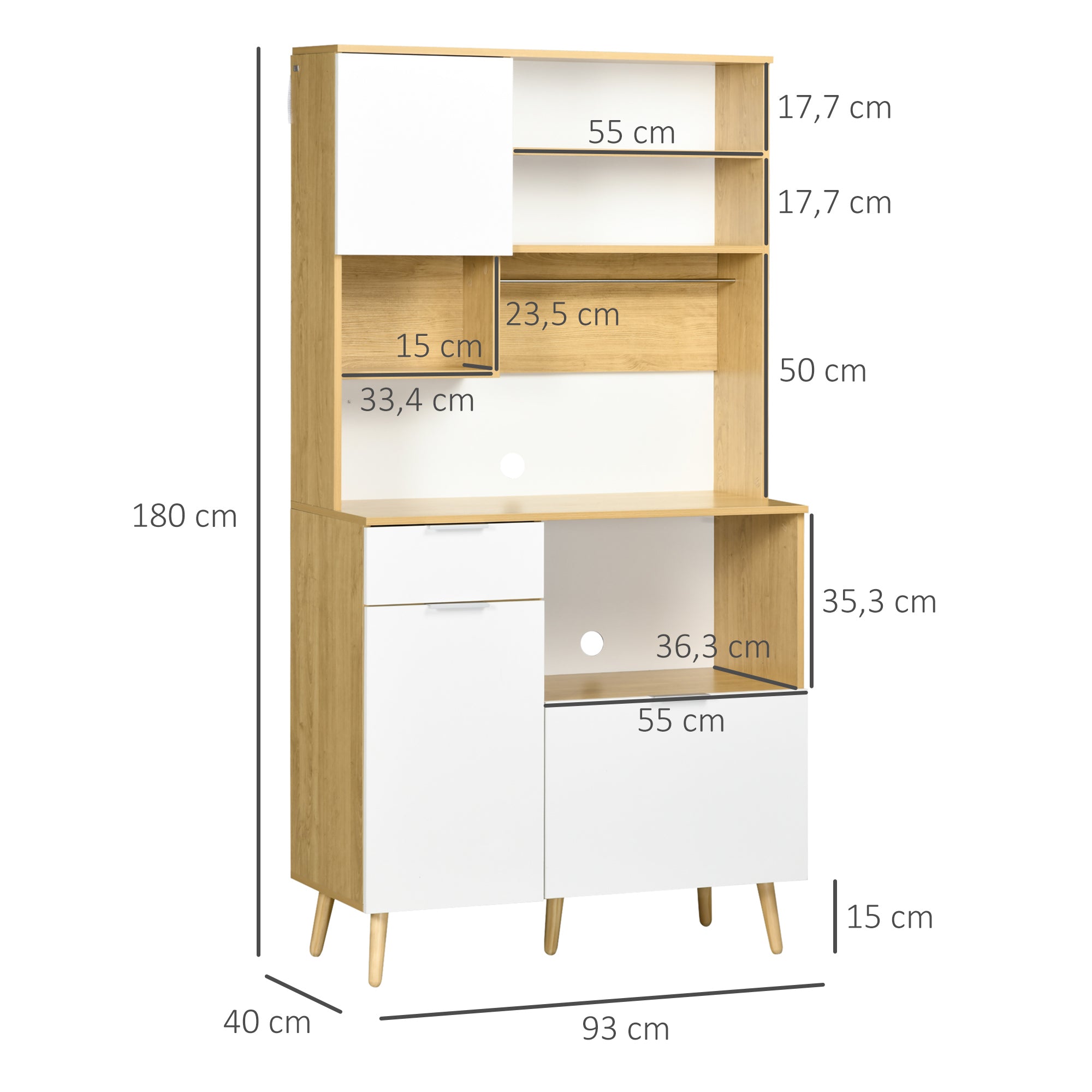 Armário de Cozinha Móvel Auxiliar – 93x40x180 cm – Madeira e Branco – Melamina e Madeira