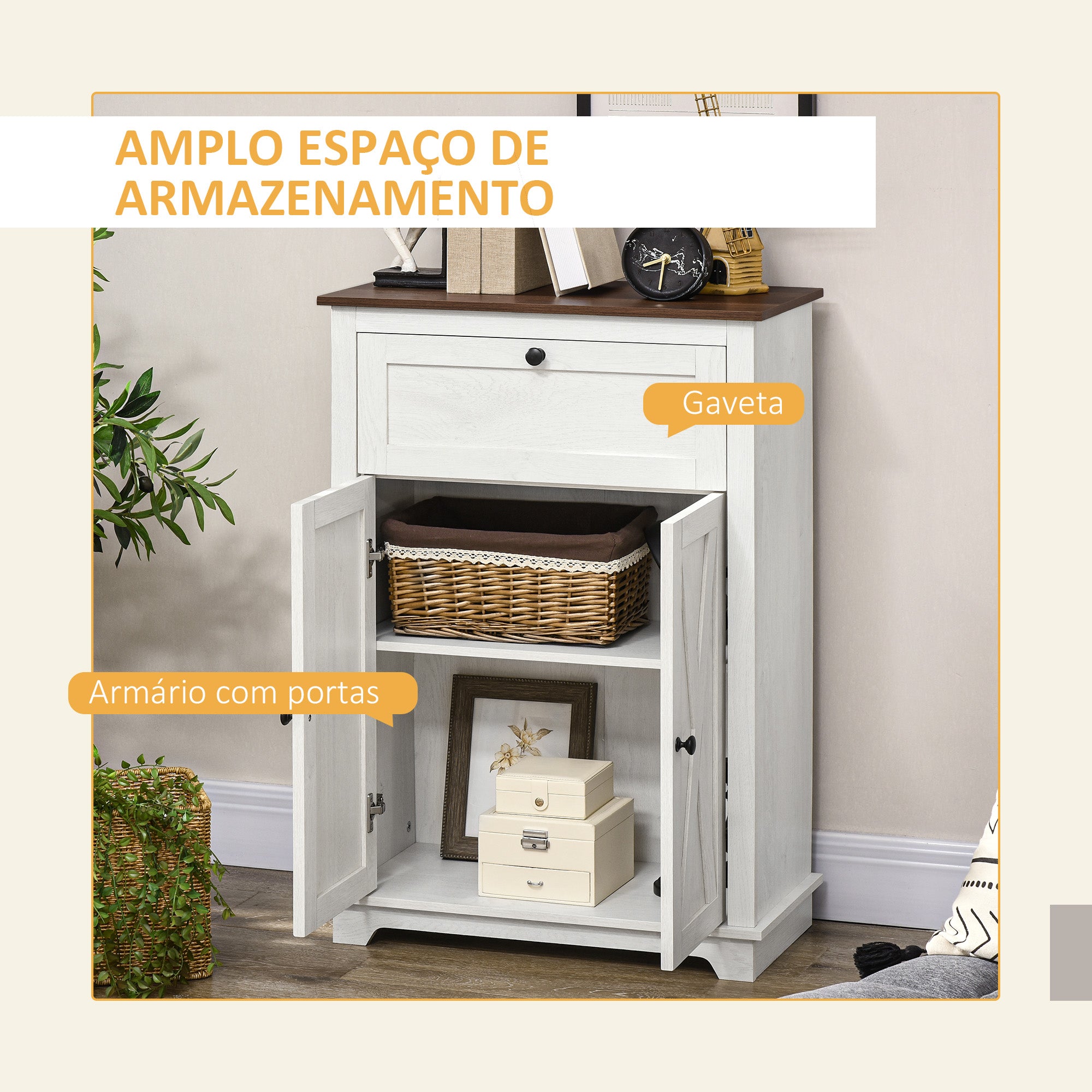 Aparador de Sala de Estar com Portas e Gaveta 60x30x87,4 cm - Branco e Madeira