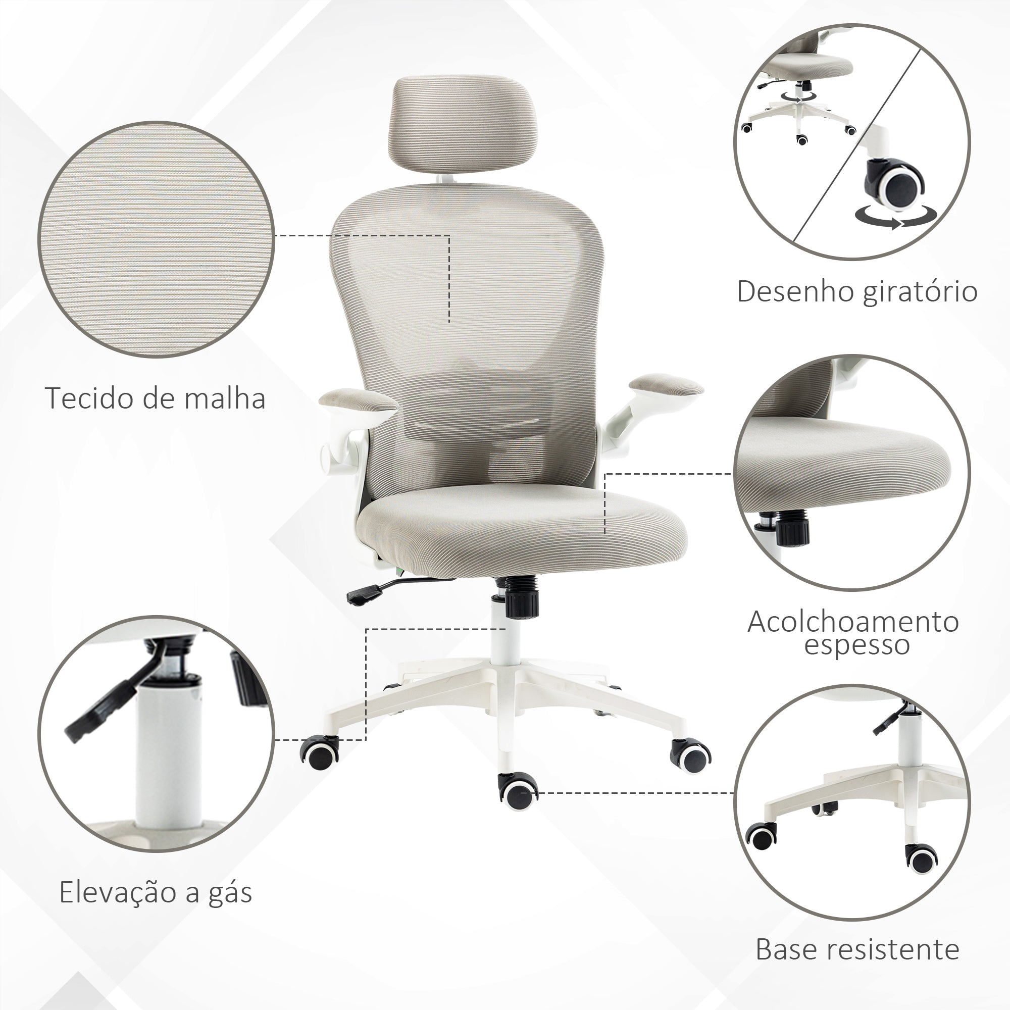 Cadeira de Escritório – 62x64x112-120 cm – Cinza – Malha (Poliéster), PP, espuma e nylon