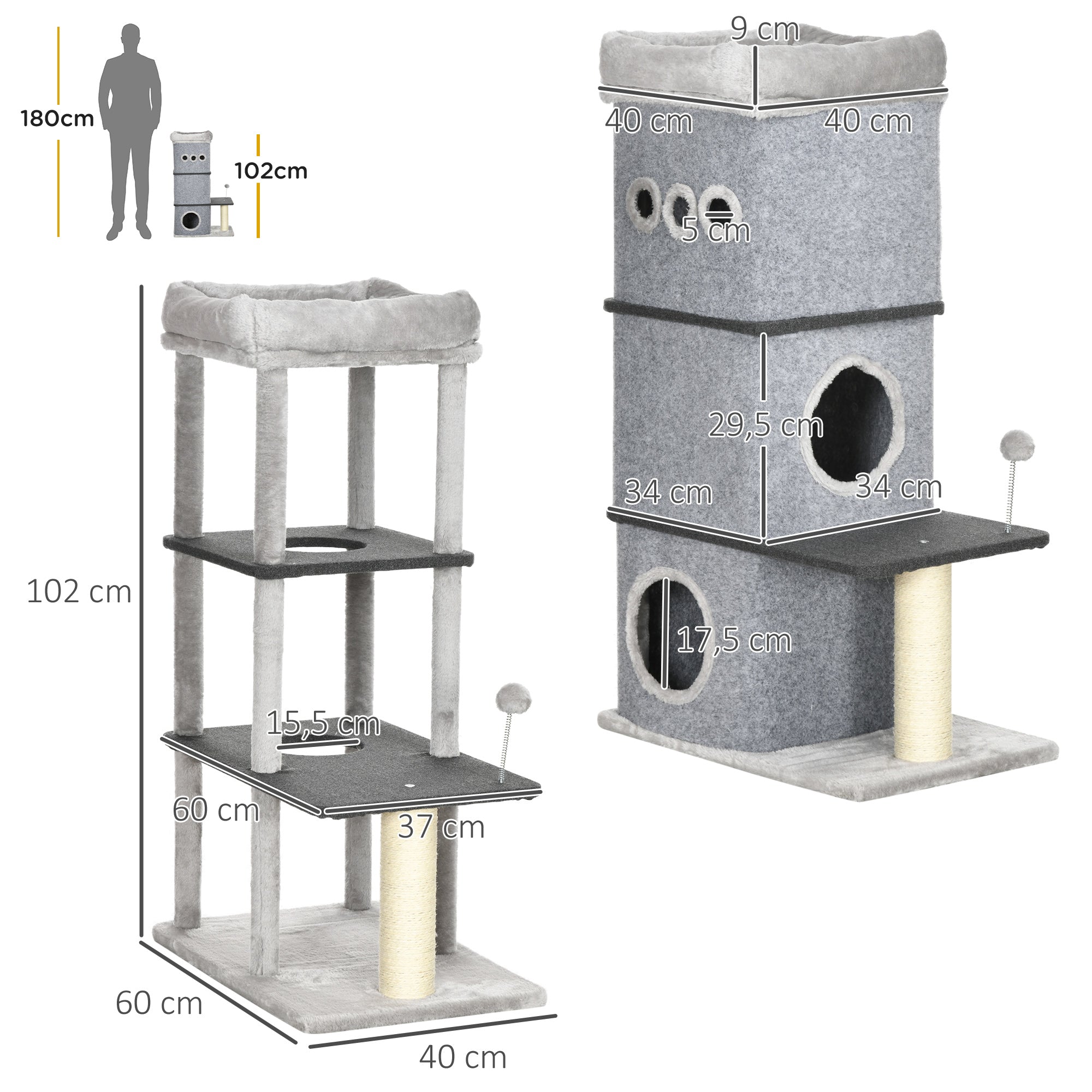 Arranhador para Gatos com 3 Níveis Cinza Claro 60x40x102 cm