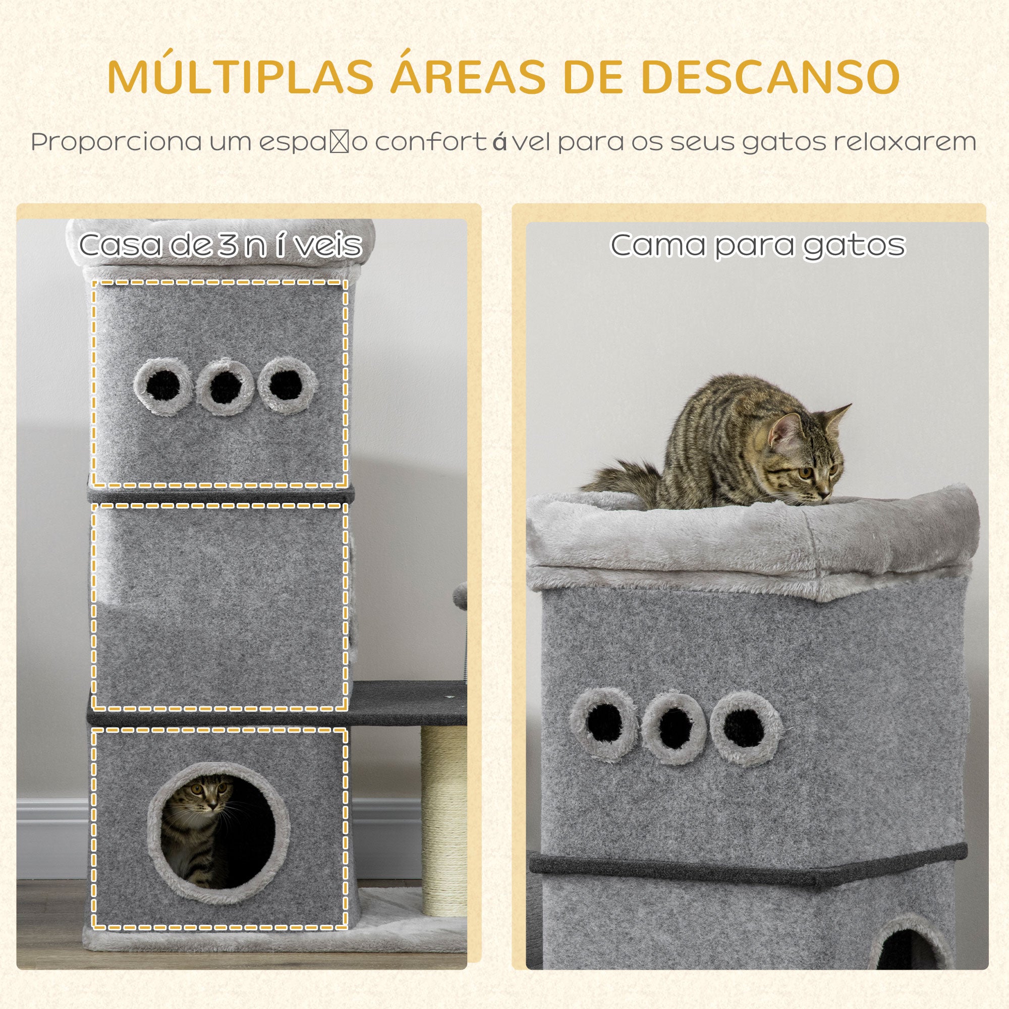 Arranhador para Gatos com 3 Níveis Cinza Claro 60x40x102 cm