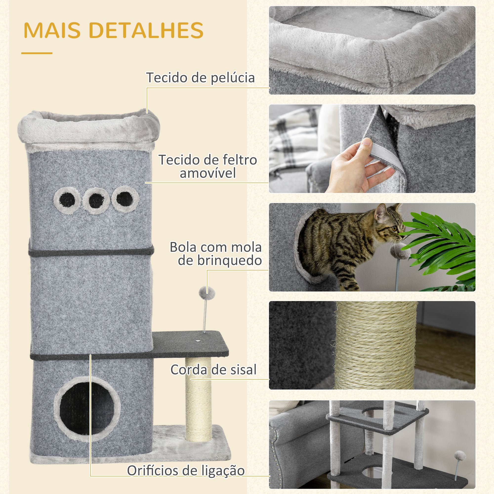 Arranhador para Gatos com 3 Níveis Cinza Claro 60x40x102 cm