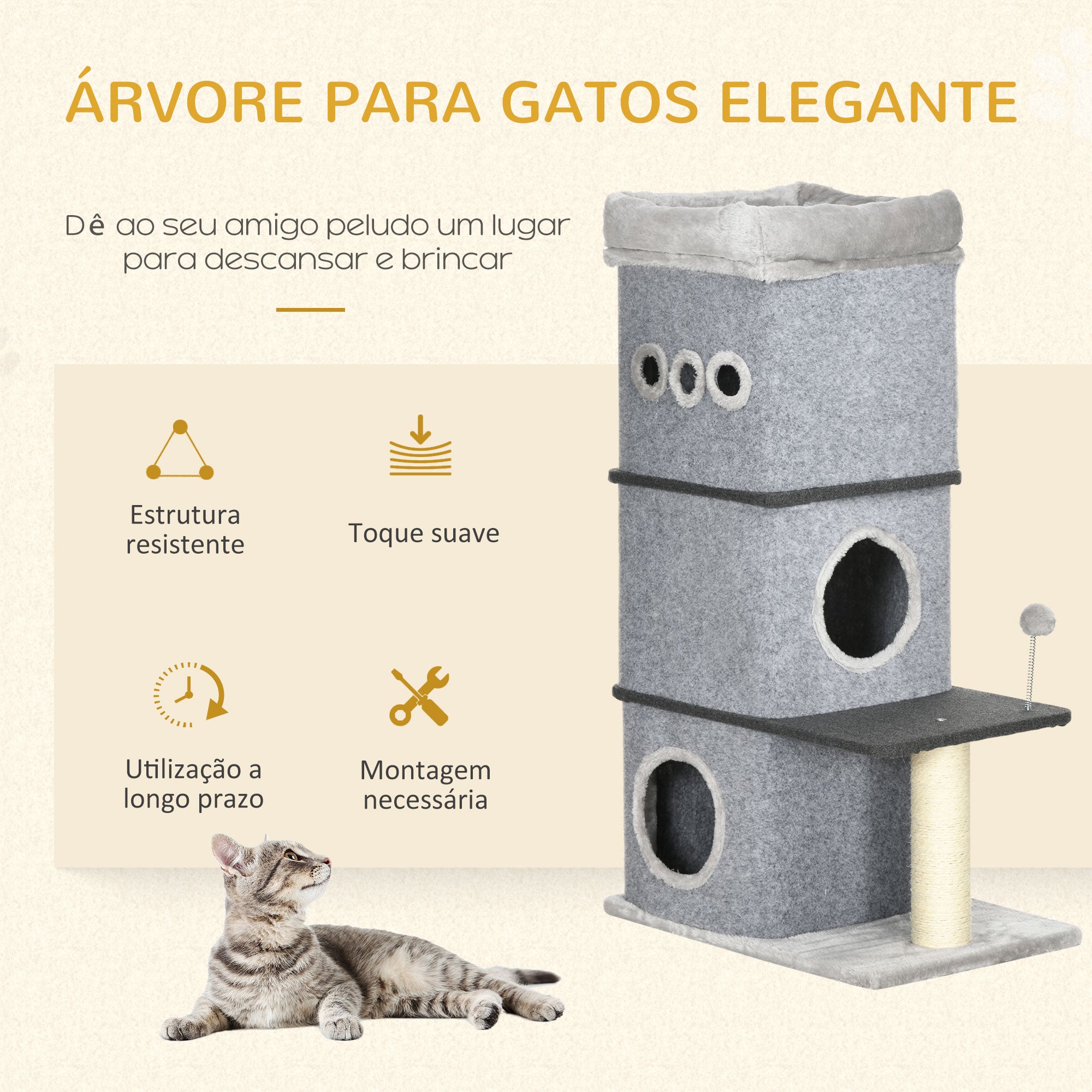 Arranhador para Gatos com 3 Níveis Cinza Claro 60x40x102 cm