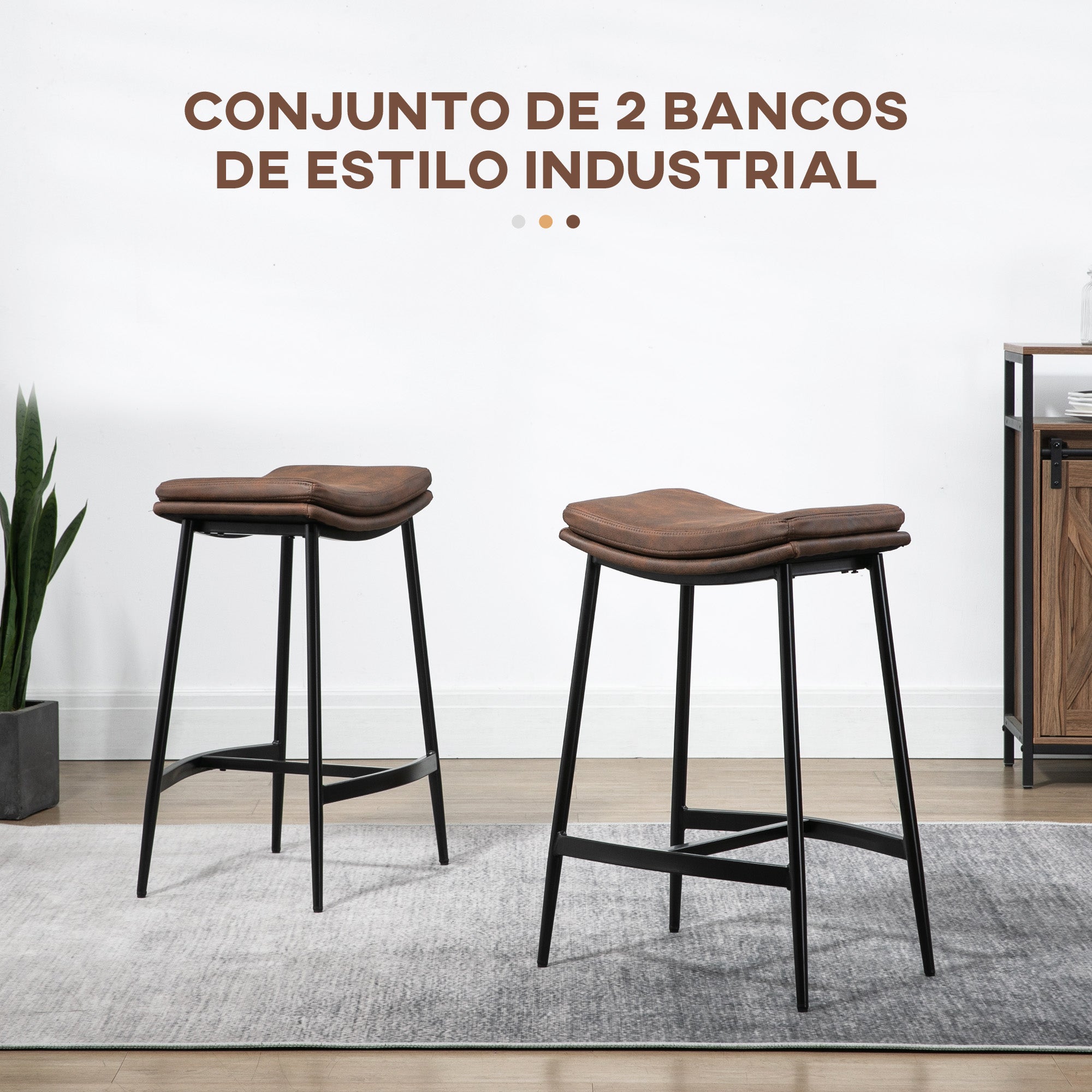 Bancos Altos de Cozinha Estilo Industrial – 48,5x38,5x68,5 cm – Marrom – Aço e Microfibra
