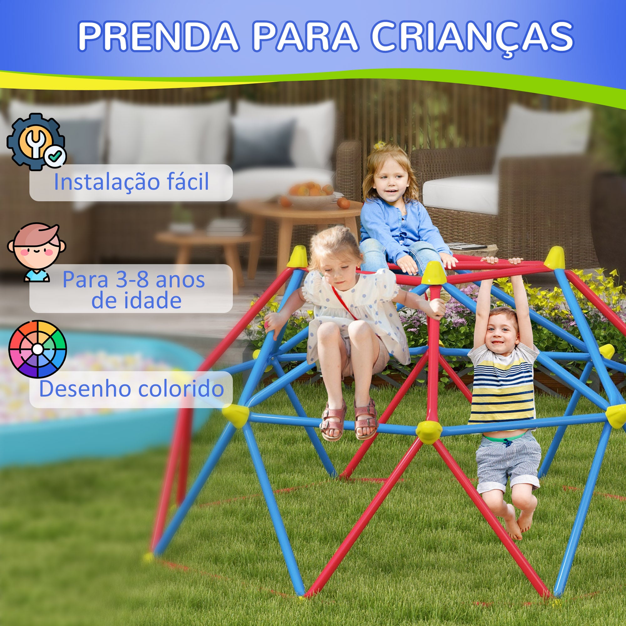 Cúpula Geométrica Infantil Vermelha e Azul Ø183x90 cm