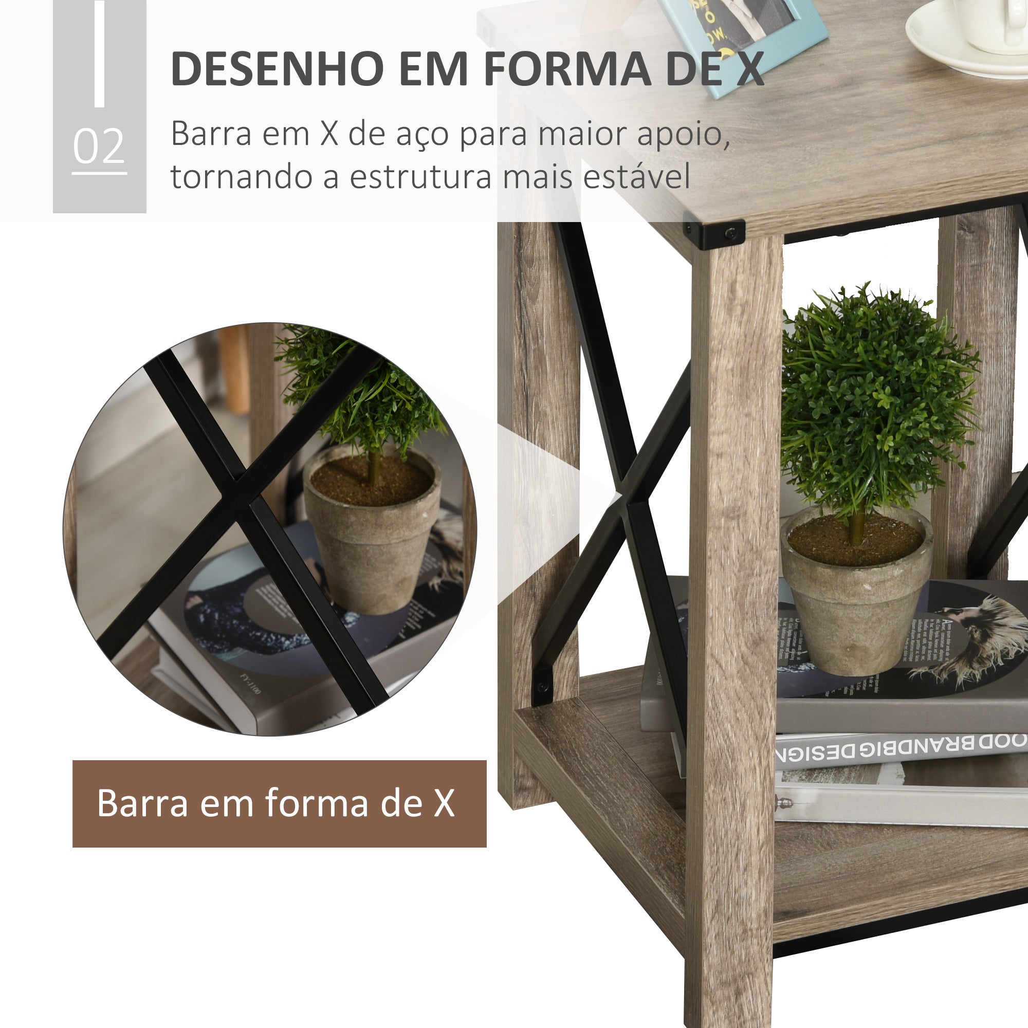 Mesa Lateral Colonial com Prateleira de Armazenamento - 40,5x40,5x60 cm - Grão de Carvalho