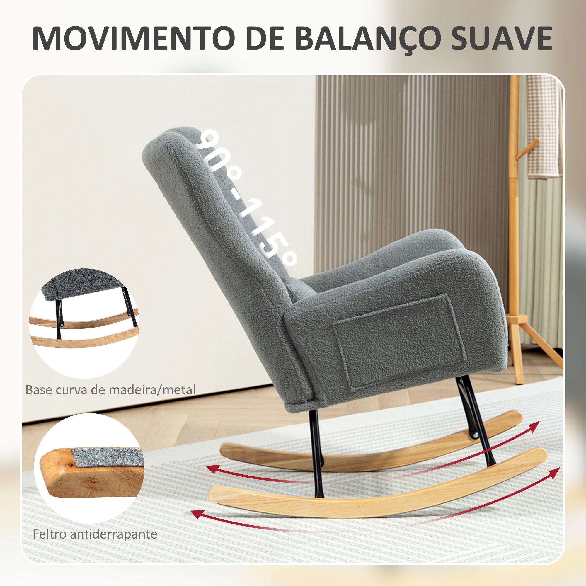 Poltrona Baloiço em Borrego Sintético Cinzento 67x82x100 cm