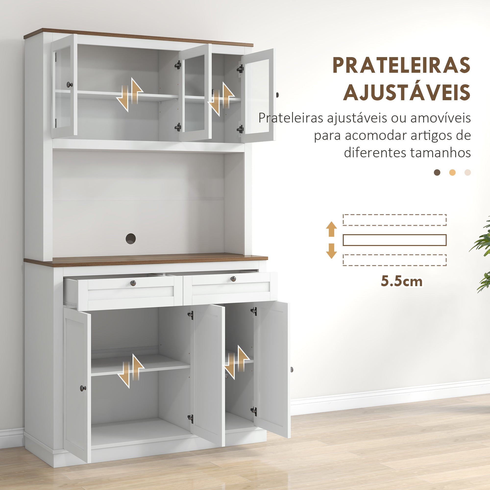 Armário de Cozinha Móvel Auxiliar com 3 Portas de Vidro 100x40x180 cm Branco