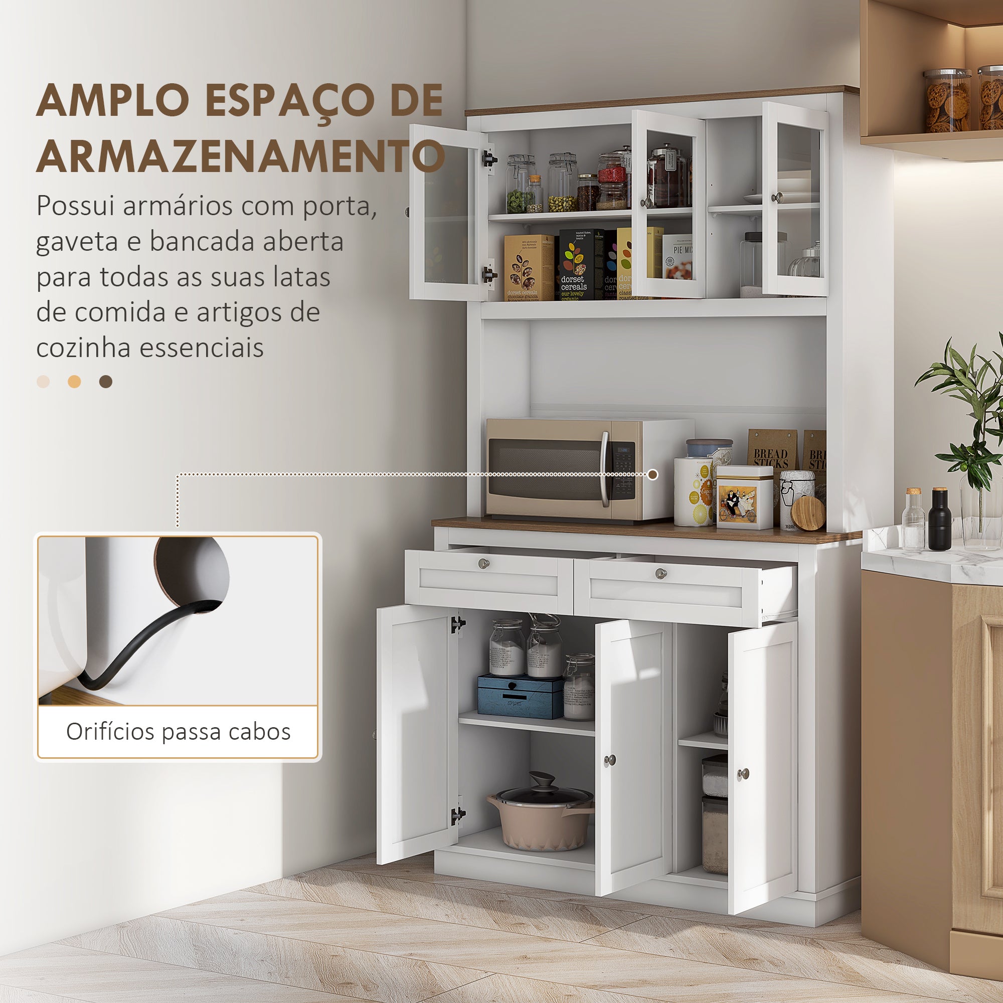 Armário de Cozinha Móvel Auxiliar com 3 Portas de Vidro 100x40x180 cm Branco