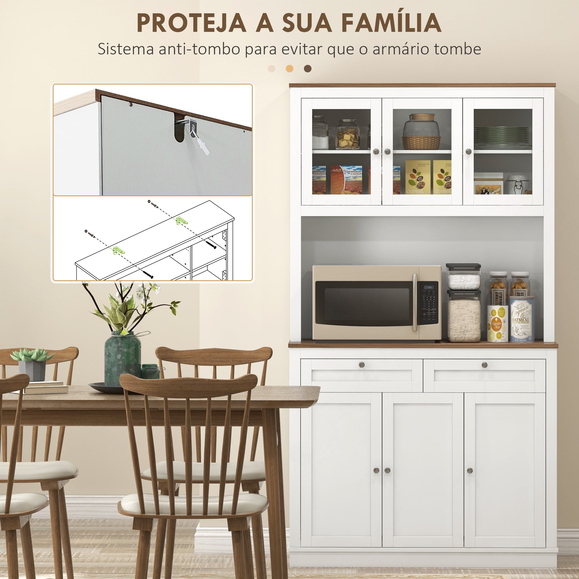 Armário de Cozinha Móvel Auxiliar com 3 Portas de Vidro 100x40x180 cm Branco