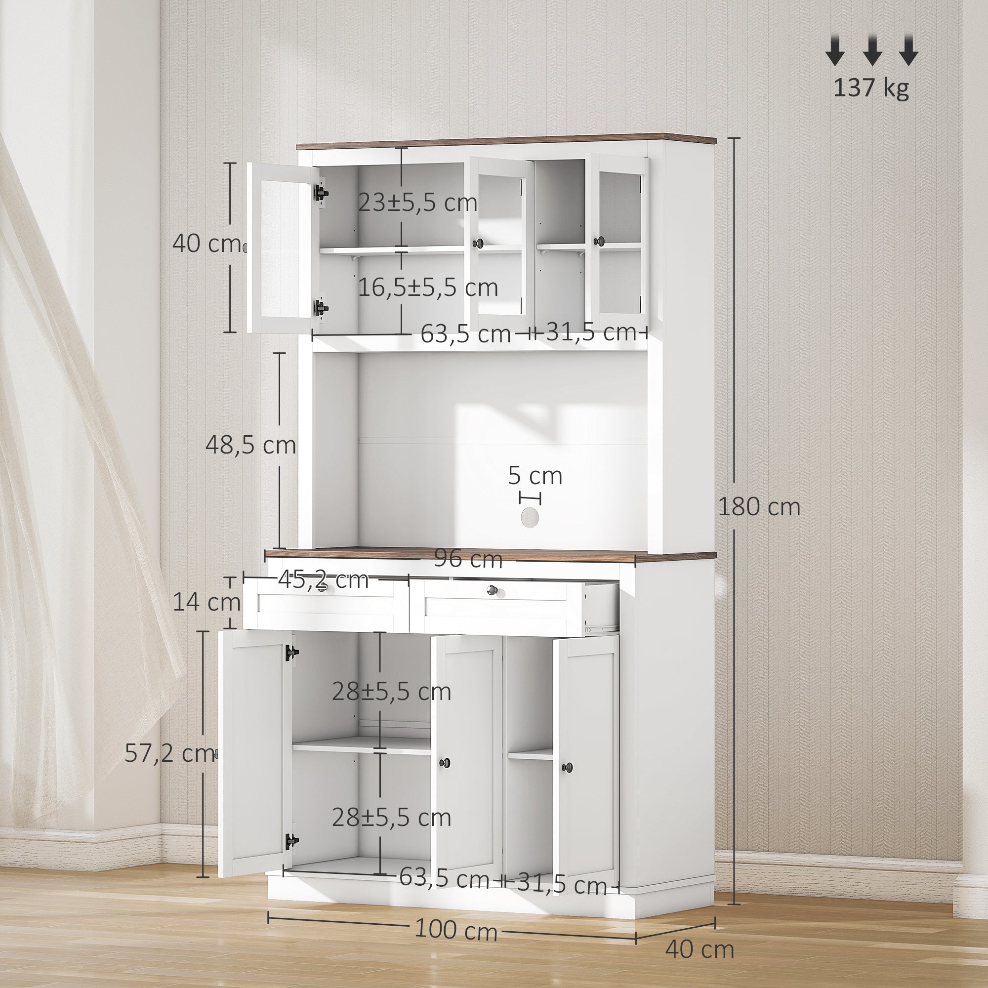 Armário de Cozinha Móvel Auxiliar com 3 Portas de Vidro 100x40x180 cm Branco