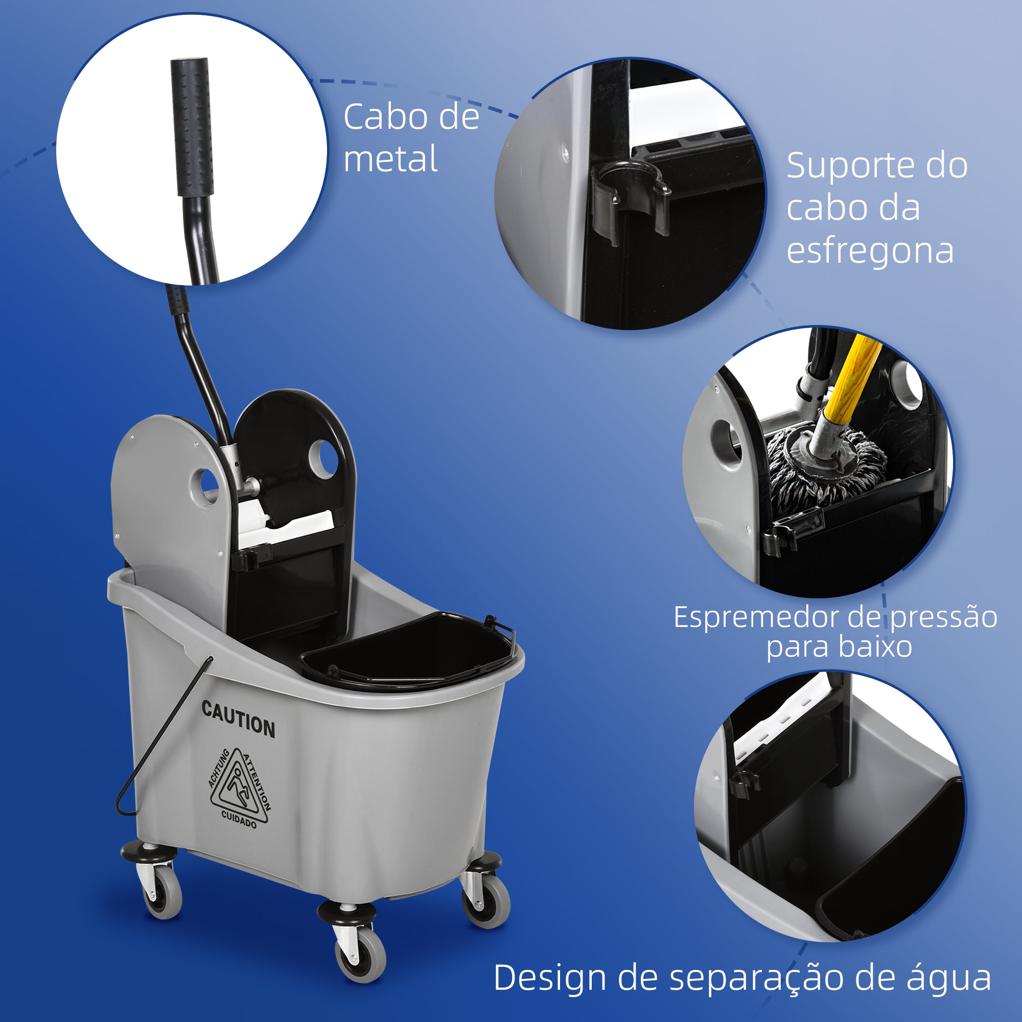 Balde de Esfregona Comercial com Rodas 36L Cinzento 54x41x91,5 cm