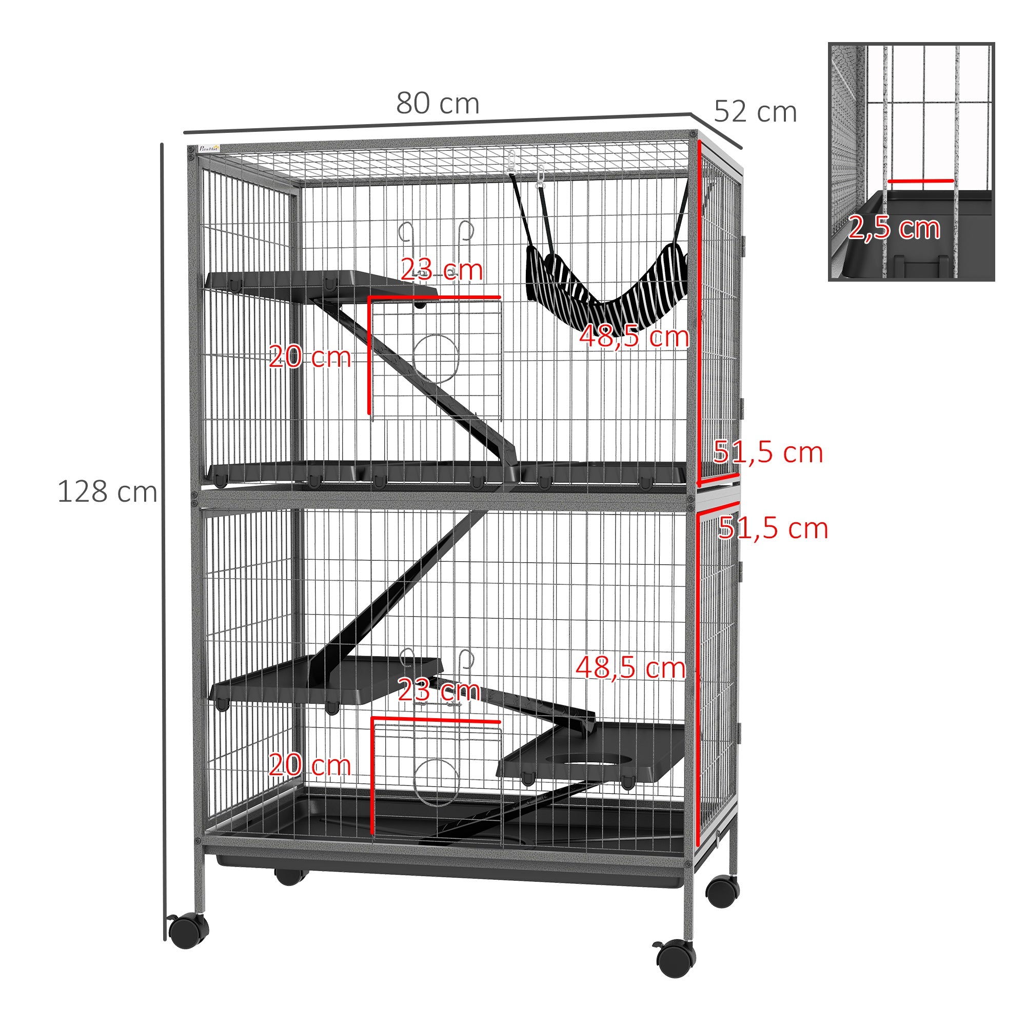 Gaiola para Roedores 80x52x128 cm - Cinzento