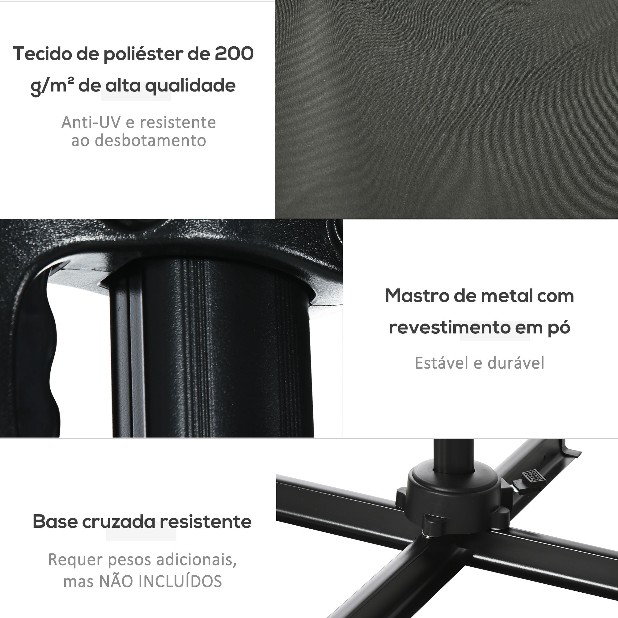 Chapéu de Sol de Jardim – 245x245x245 cm – Cinzento – Alumínio e Poliéster