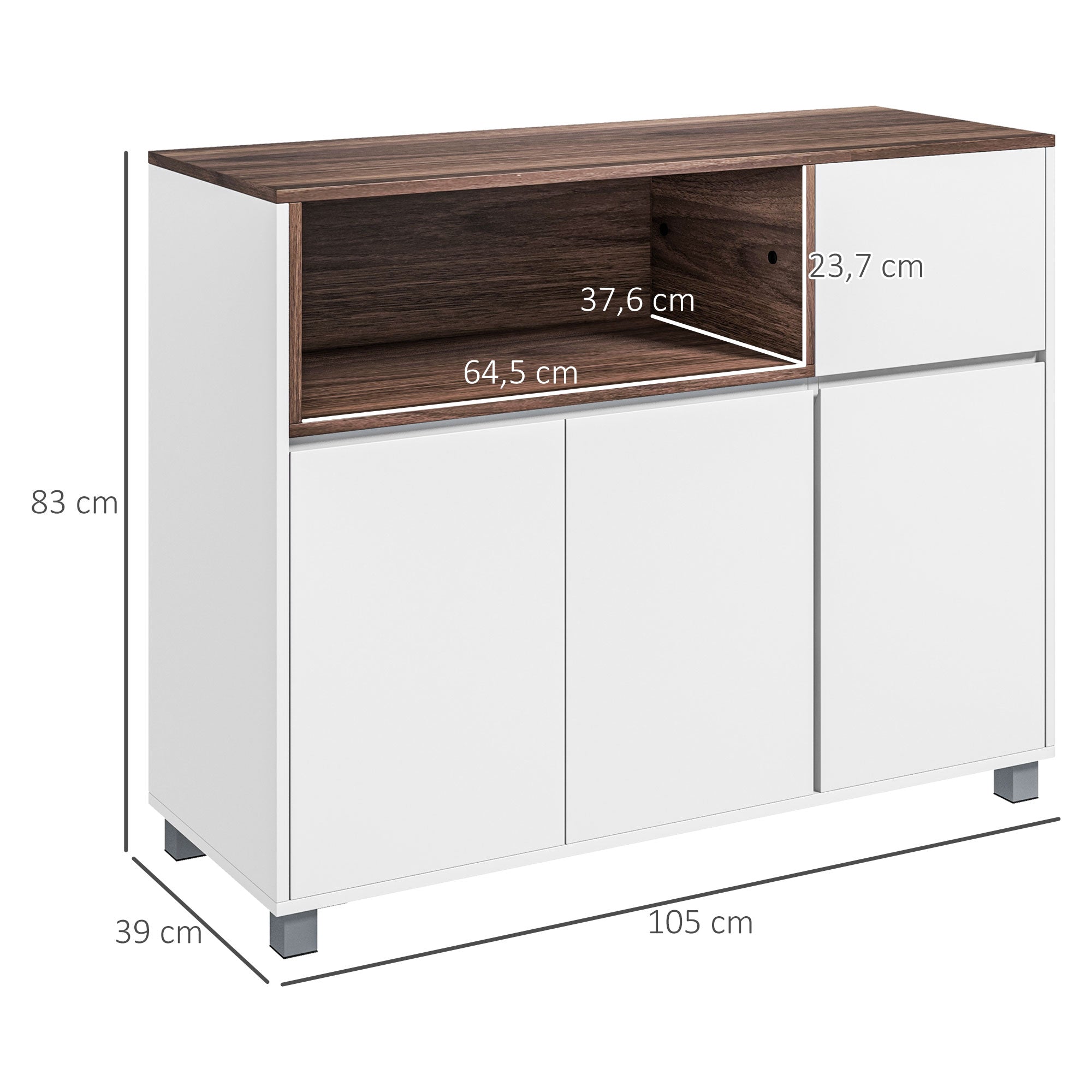 Aparador Buffet Moderno com Gaveta 3 Portas 105x39x83 cm Branco e Nogueira