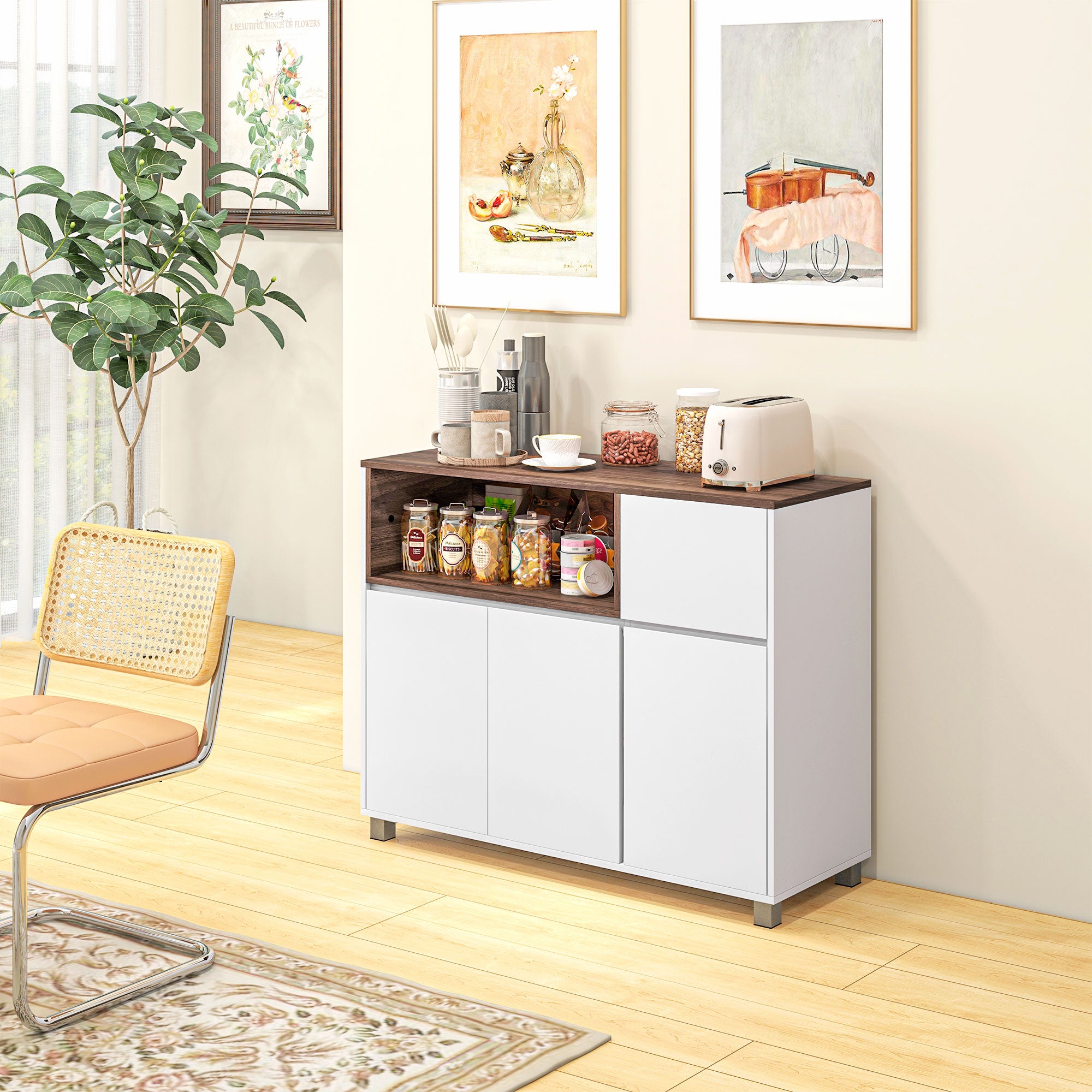 Aparador Buffet Moderno com Gaveta 3 Portas 105x39x83 cm Branco e Nogueira