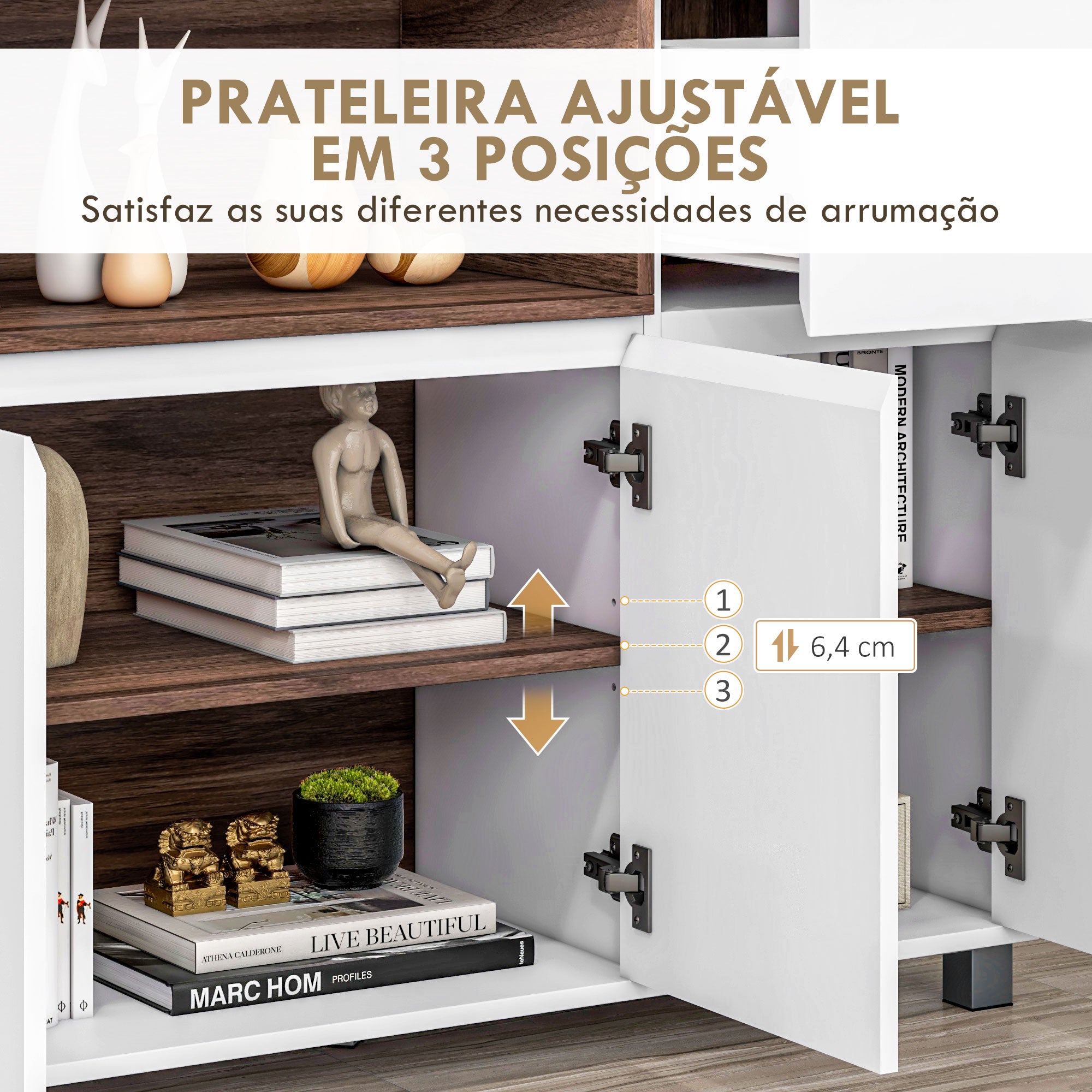 Aparador Buffet Moderno com Gaveta 3 Portas 105x39x83 cm Branco e Nogueira