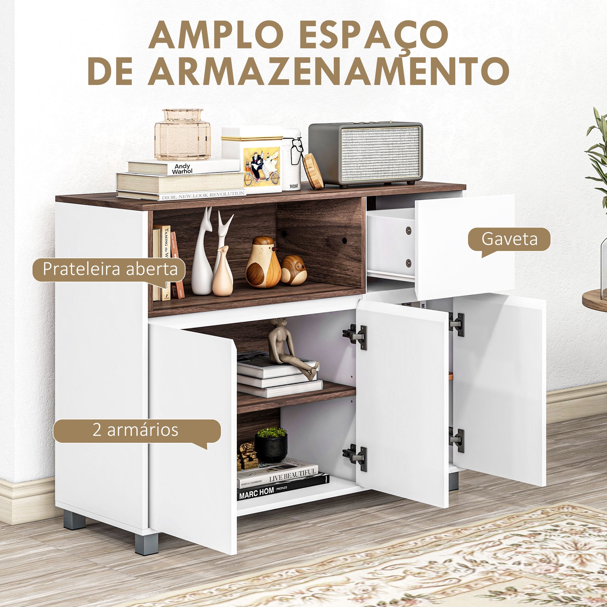 Aparador Buffet Moderno com Gaveta 3 Portas 105x39x83 cm Branco e Nogueira