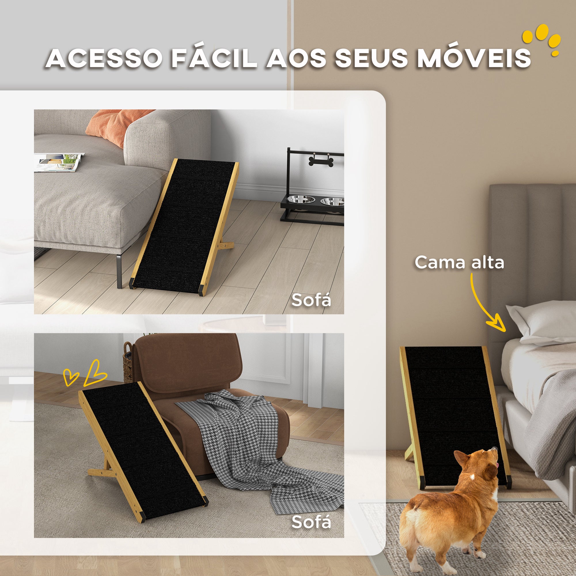 Rampa para Cães Dobrável em Madeira Natural e Preto 83,5x35x47,5 cm