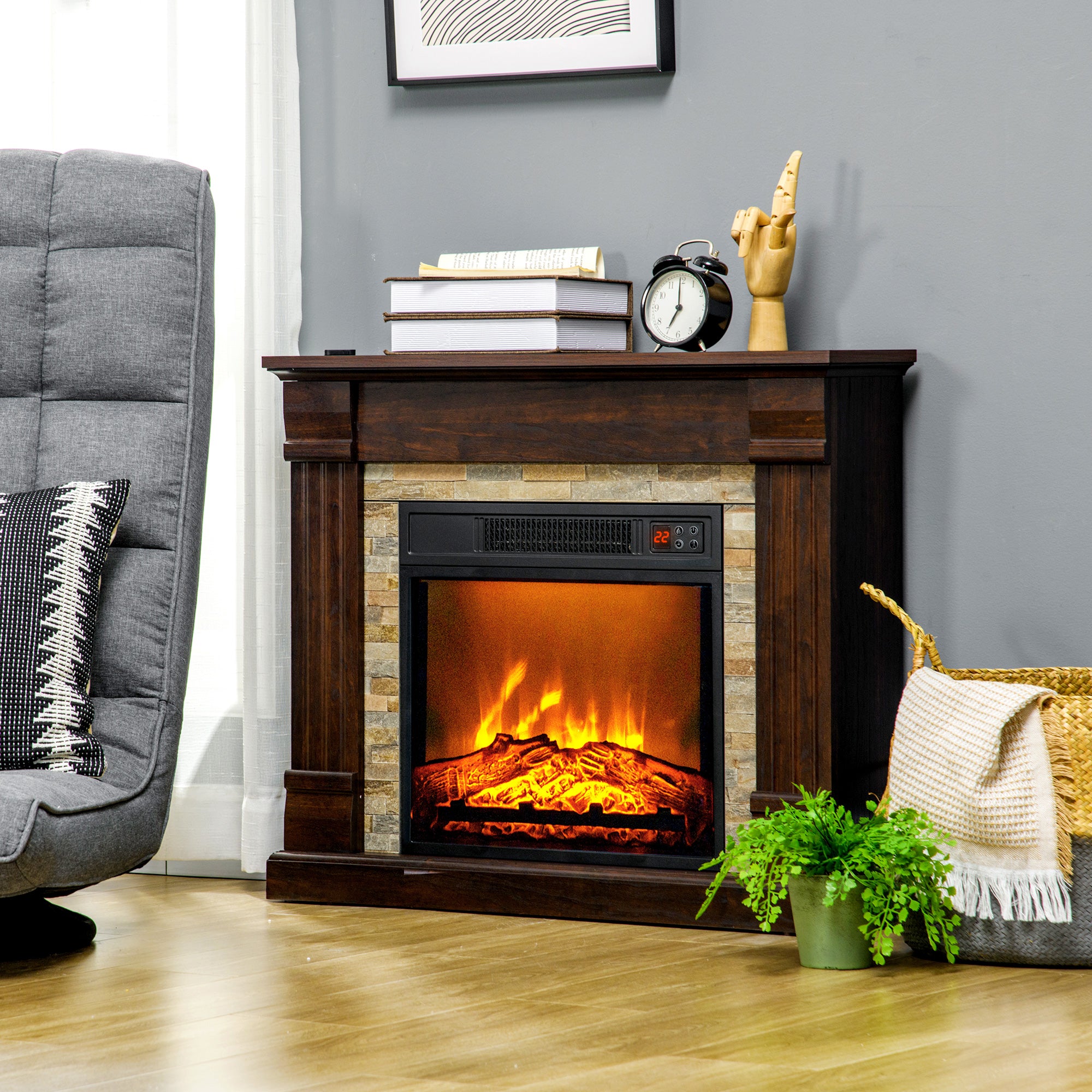 Lareira Elétrica 1800W Efeito de Chama 80x21,6x67,8 cm Marrom